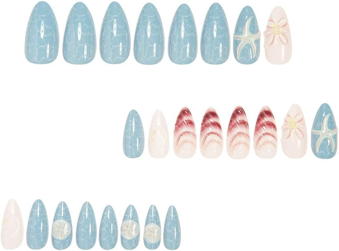 24Pcs Press on Nails Ocean Style Fake Nails Starfish&Seashell 3D False Nail Tips Finger Manicure for Women and Girls image number 4