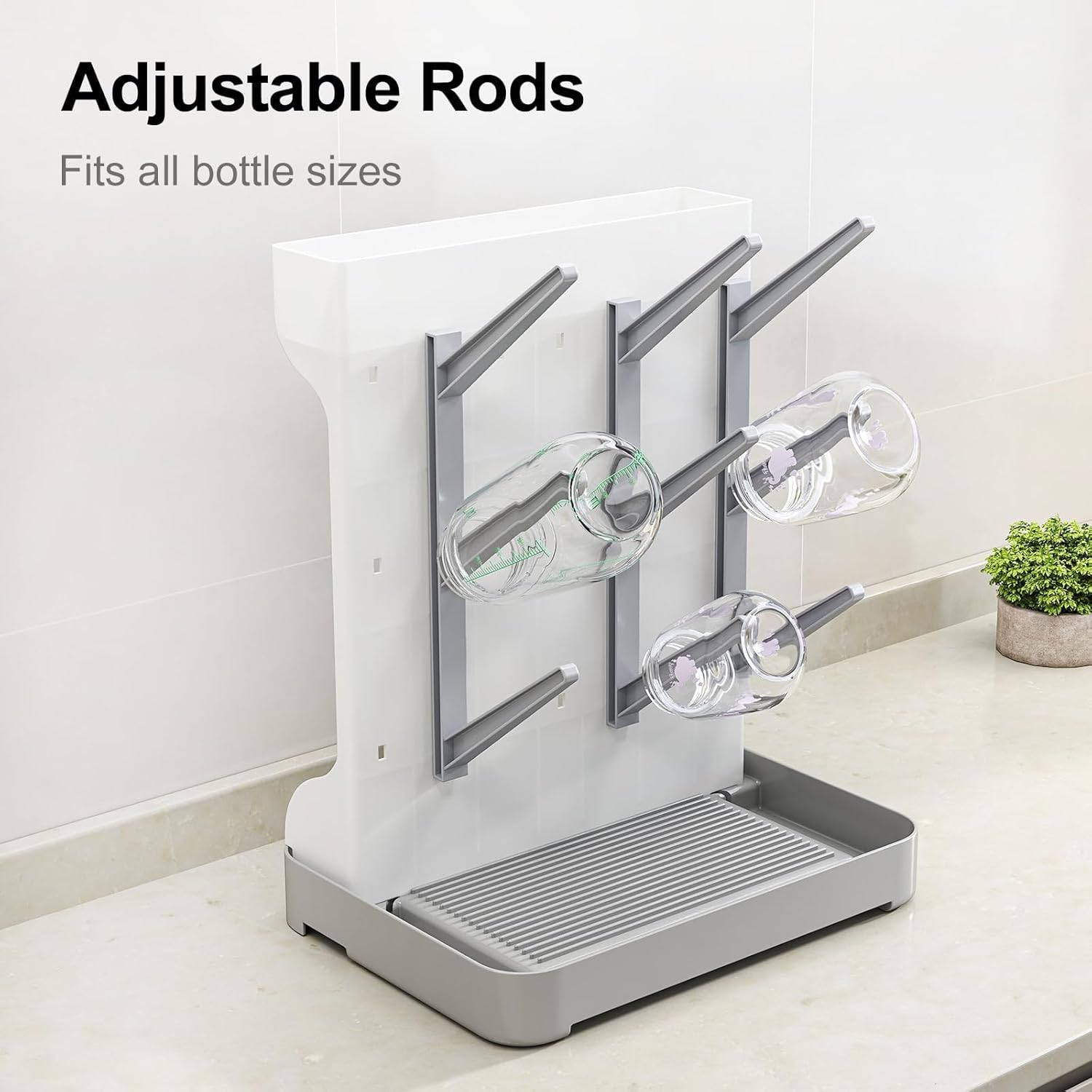 Baby Bottle Drying Rack Space Saving, Large Vertical Baby Bottle Storage Organizer & Bottle Dryer Rack for 12 Pc 8 Oz Bottles and Baby Accessories,Pump Parts,Pacifiers or Brush Stand - Bpa-Free - Gray image number 6