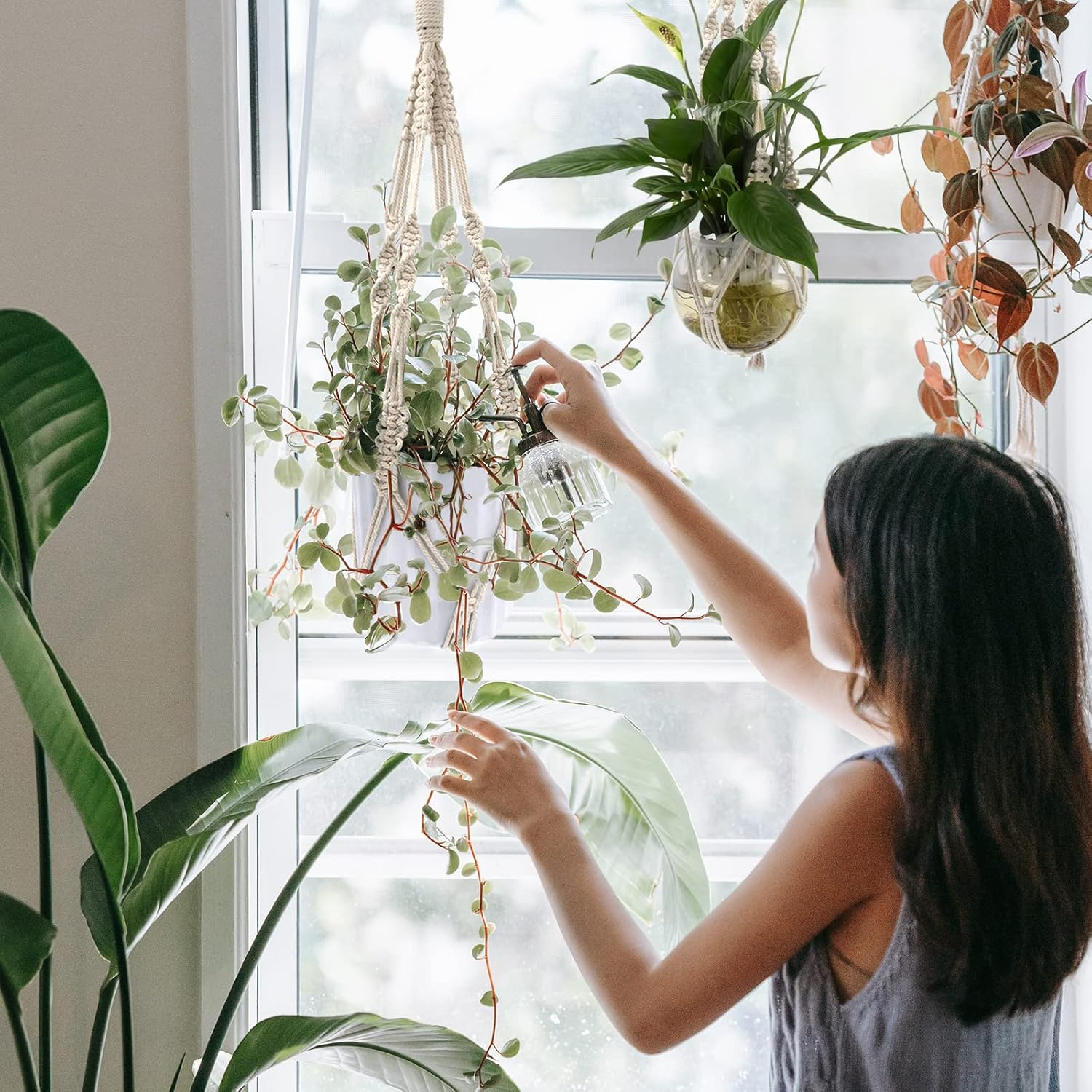 2 Pack Macrame Plant Hanger Indoor Outdoor Hanging Planter Natural Manual Knitted Cotton Macrame Cord Plant Hanger with Ring for Home Decor Ceiling Wall Planters Hanging, 20 Inch image number 2