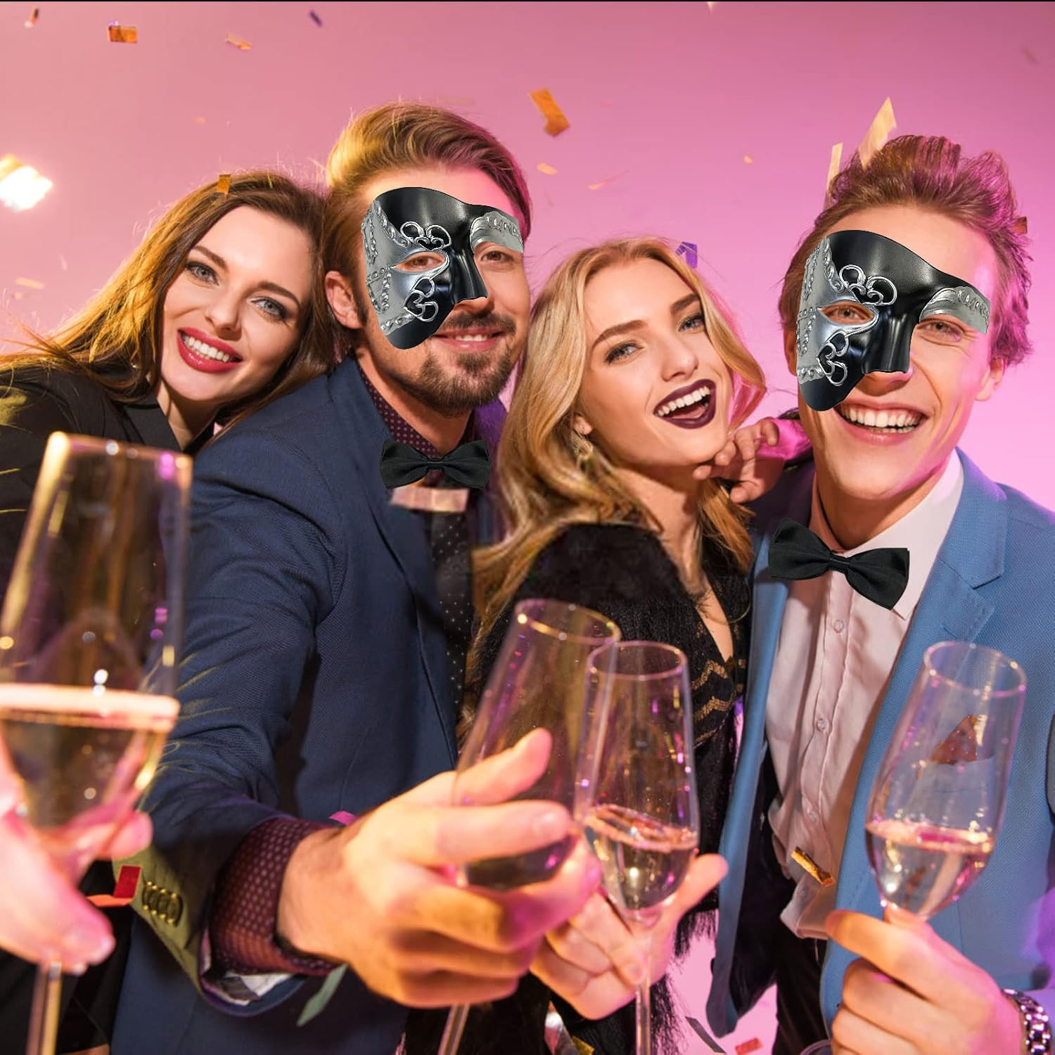 Hyperfun Masquerade Mask for Men Phantom of the Opera Half Face Mask with Bowtie, Vintage Venetian Masks for Costume Parties - Blue Pioneer image number 5