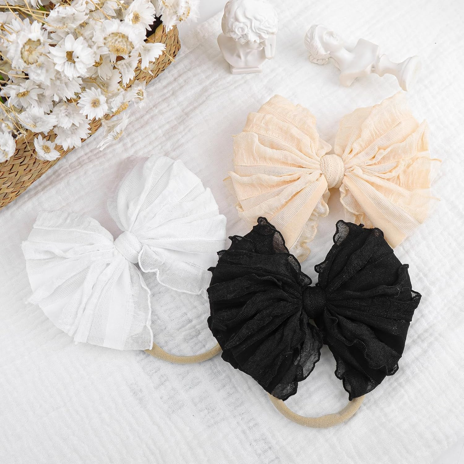 Big Bows Baby Girl Headbands with Bows Handmade Baby Hairbands Stretchy Lace Newborn Toddler Hairbands Bows Black White Beige 3 PCS - 3-Purple, Gray, Pink image number 7