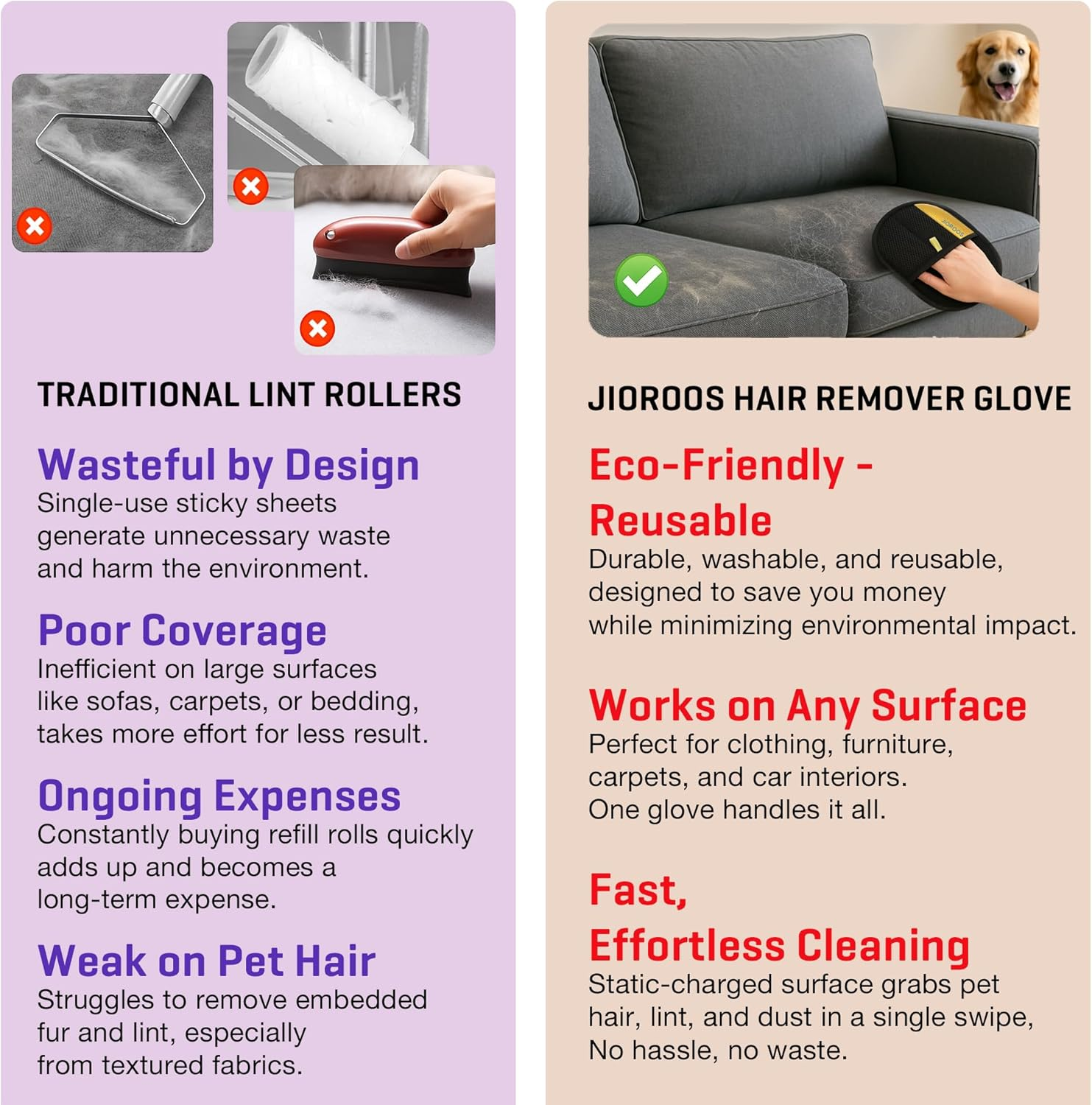 Jioroos Pet Hair Remover Gloves for Cats & Dogs, Electrostatic Pet Hair Removal Gloves Brush for Pets Hair, Upgraded Animal Fur Removal Tool, Reusable Cats & Dogs Grooming Gloves for Hair Removal (2) image number 2