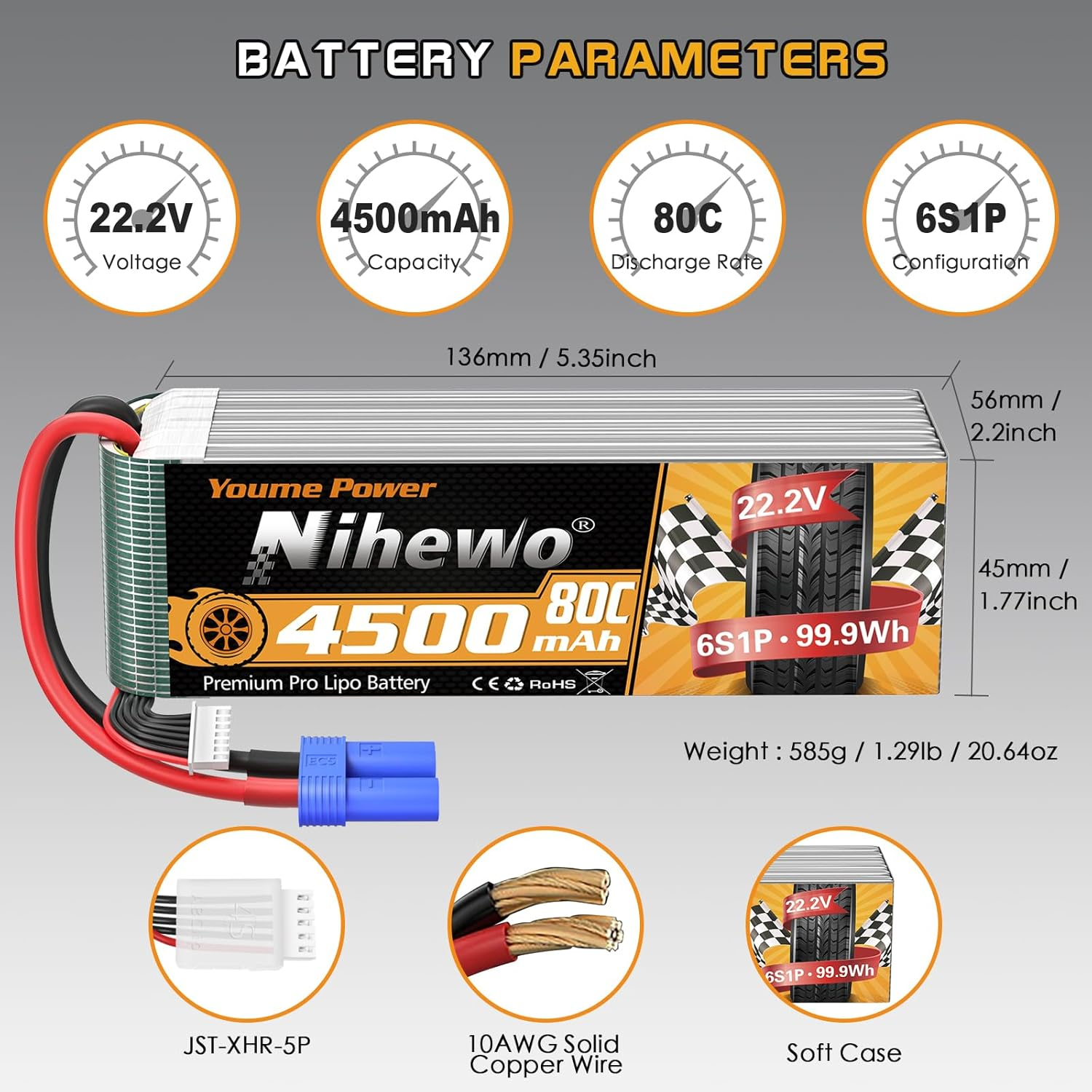 Nihewo 6S Lipo Battery,22.2V 4500Mah Lipo Battery 80C with EC5 Plug for X Class Drone Racing 70MM 80MM 90MM EDF RC Quadcopter Airplane Helicopter Car Truck Boat Hobby (2 Packs) image number 1
