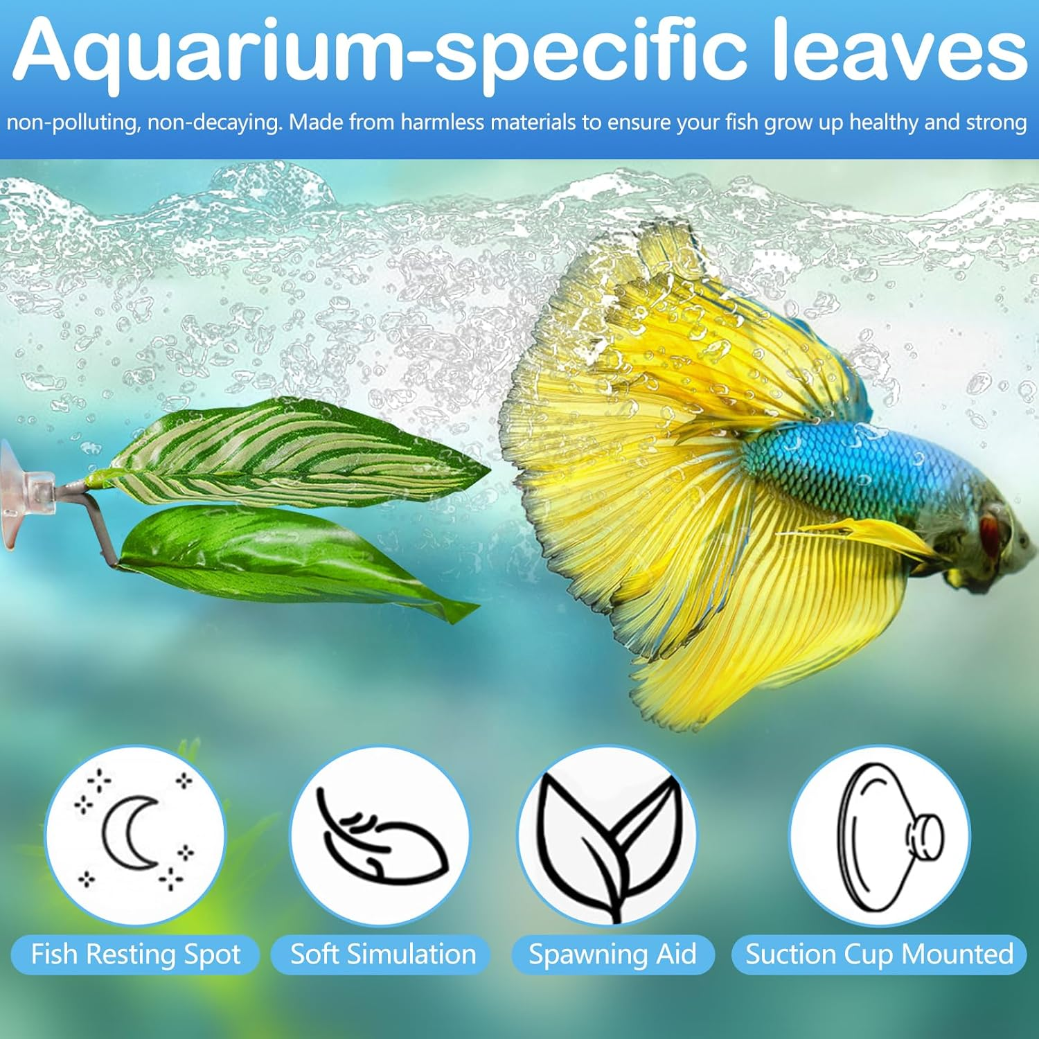 5-Piece Betta Fish Tank Accessories Set: Non-Tear Soft Aquarium Plants, Acrylic Hideout Tube Tunnel & Leaf Hammock for Stress-Free Environment &ndash; Safe Decorations with Spare Suction Cups image number 3