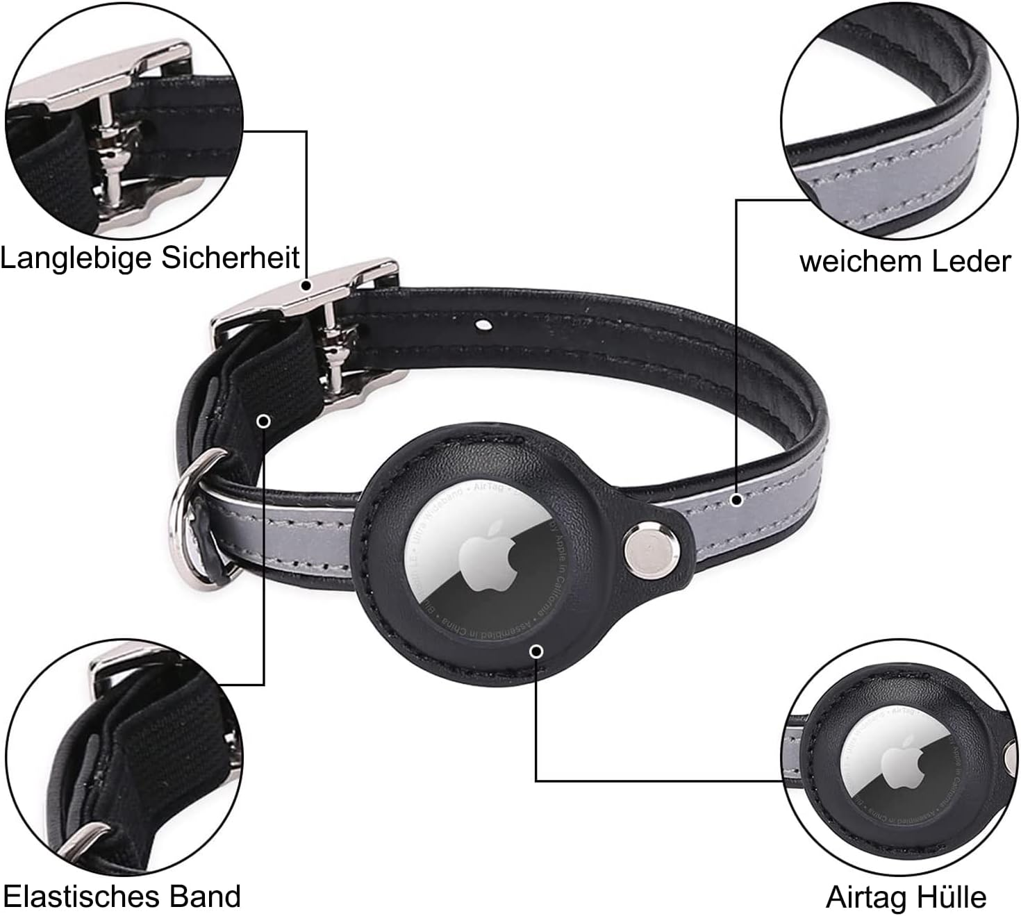 Airtag Cat Collar, Leather Airtag Collar Cat, Reflective Adjustable Cat Collar, Airtag Case for Tracking Cat, Anti-Lost, Airtag Cat for Large/Medium/Small Cat (XS, Black image number 3