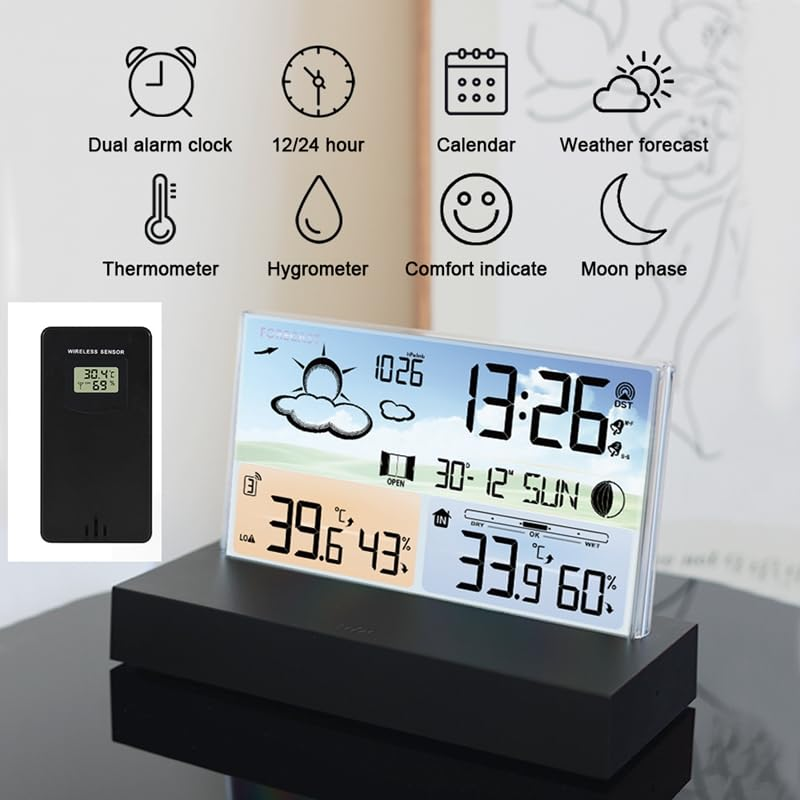 Color Screen Weather Station Barometer Moon Phase Electronics Desktop Thermometer Hygrometer Alarm Clock Wireless Sensor image number 2