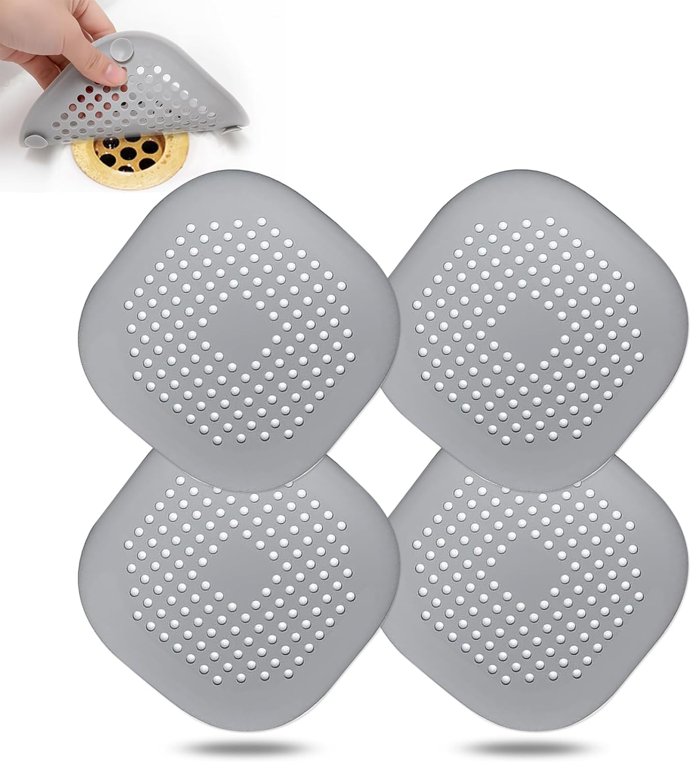 Bovinde Hair Catcher,Square Hair Drain Cover for Shower Silicone Hair Stopper with Suction Cup,Easy to Install Suit for Bathroom,Bathtub,Kitchen(Grey 4 Pack)