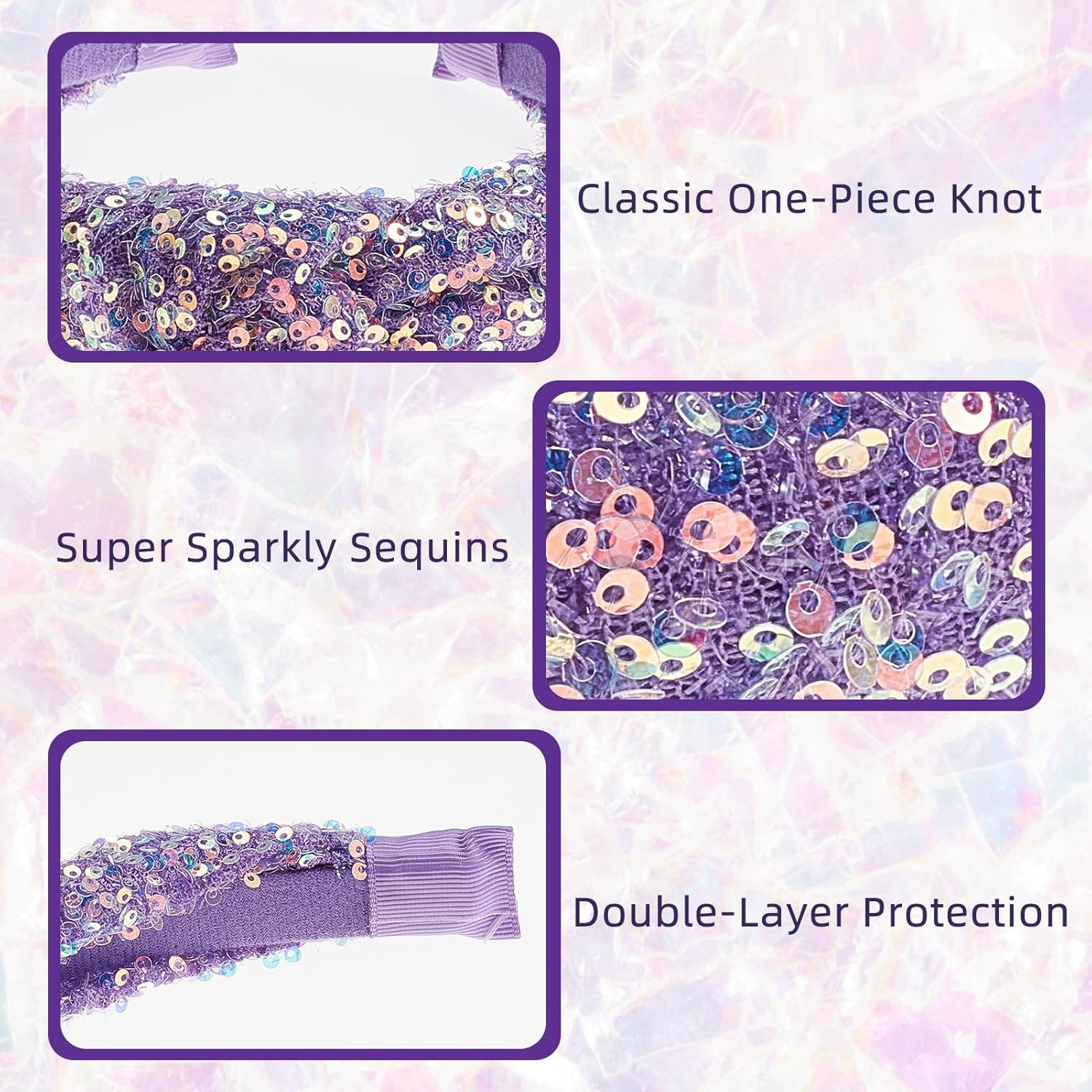 NICENEEDED Pack of 2 Sequin Headband with Knot for Women Sparkling Knotted Wide Hair Bands Glittering Fashionable Iridescent Headbands Hair Accessories for Parties image number 3