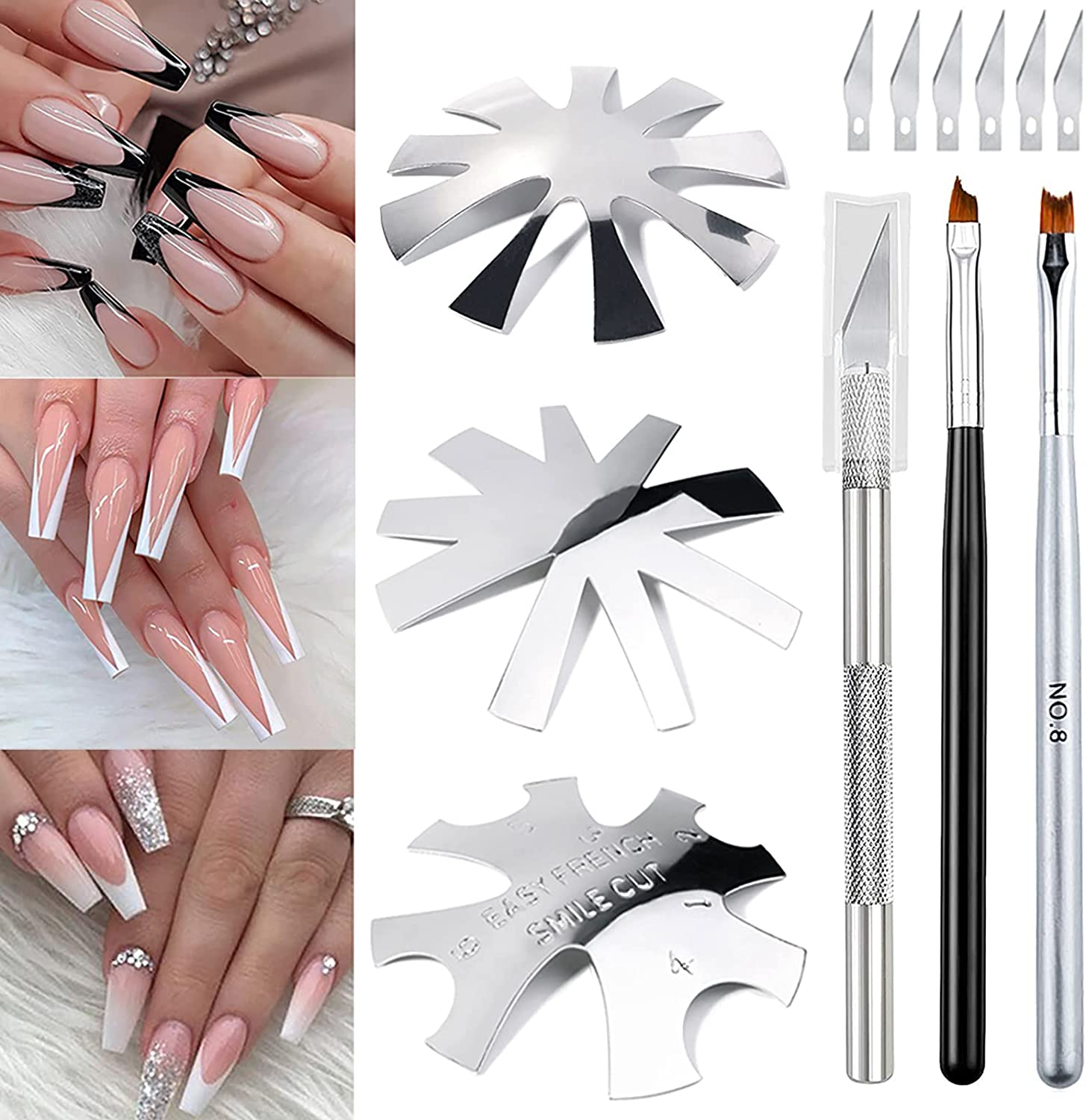 French Cutter for Nails, 3Pcs French Tip Edge Trimmer Easy Smile Line Cutter for Acrylic Nails, V Cut Nail Cutter with 2Pcs Acrylic Brush, 1Pcs French Tip Cutting Knife, 5 Spare Blades image number 5