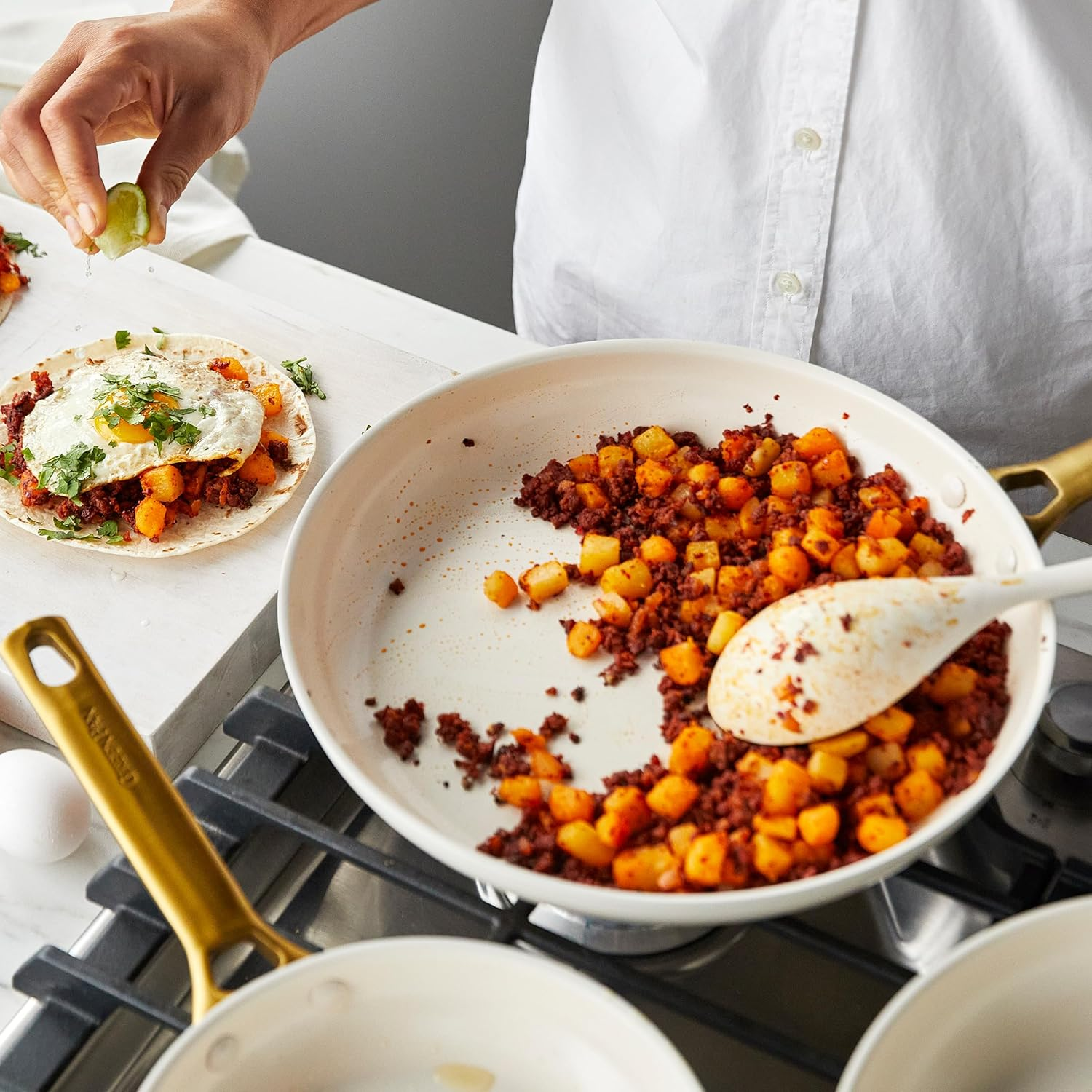 Greenpan Padova Healthy Ceramic Nonstick 10Pc Cookware Pots and Pans Set, Induction Safe, Cream White image number 2