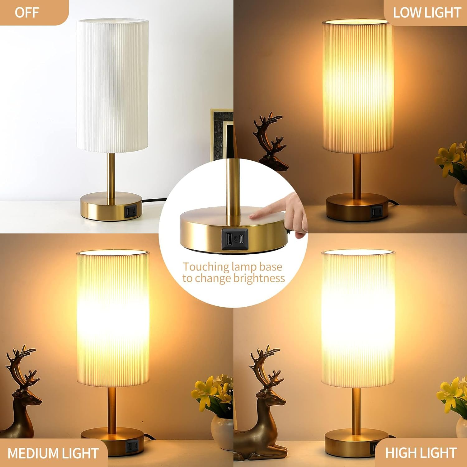 Kinsdan Bedside Table Lamp, Touch Control Bedside Lamp with USB Port, Dimmable Nightstand Lamp with Fabric Shade, Desk Lamp for Living Room, Dorm, Home, Office (LED Bulb Included), White