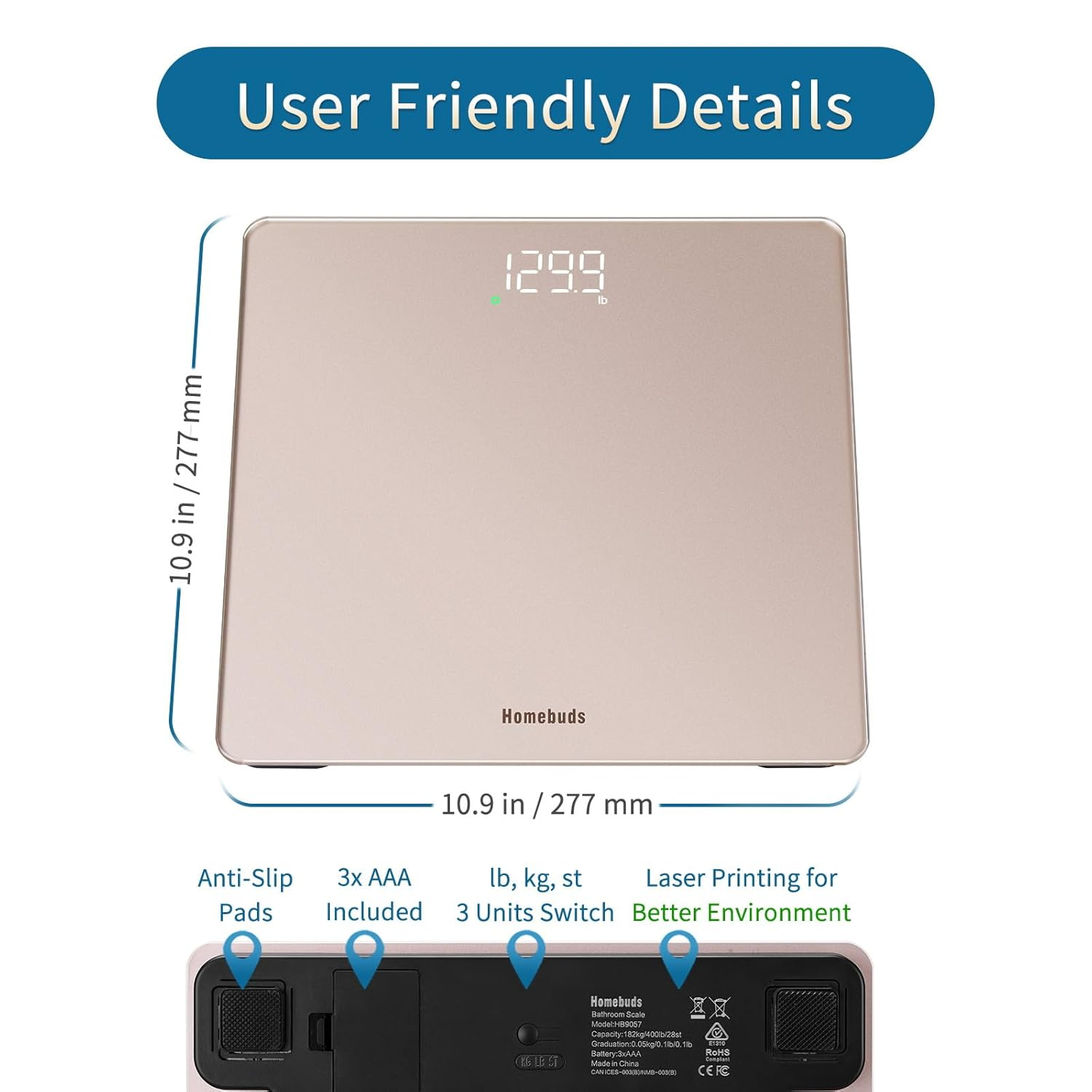 Homebuds Digital Bathroom Scales for Body Weight, High Precision Assured by Weight Scale Professional Factory since 2001, LED Display and Step-On, 3*AAA Batteries Included, 182Kg/400Lb, Rose Gold