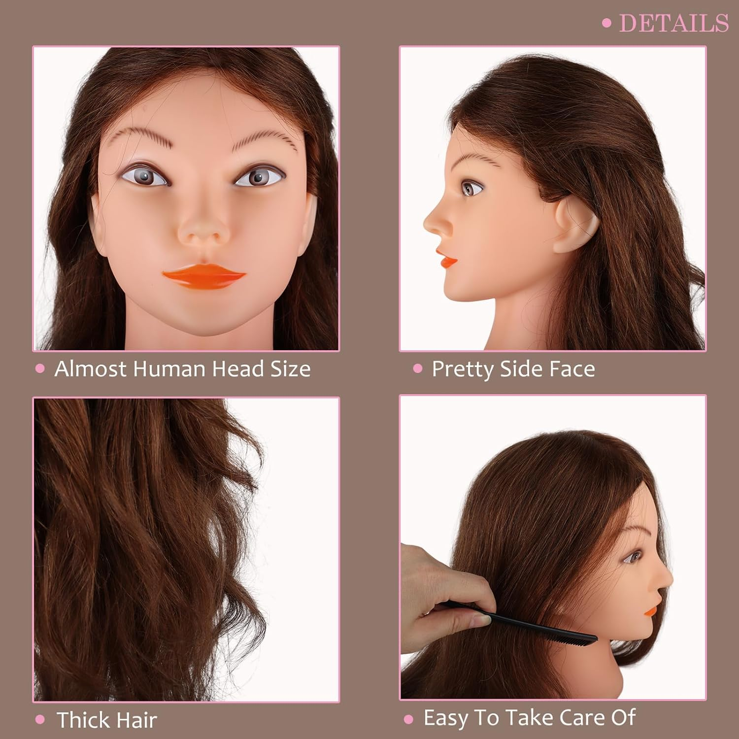 Mannequin Head with 100% Real Hair, 18" Dark Brown Natural Human Hair Hairdressing Doll Head for Practicing Hair Styling, Curling, Straightening, Coloring with Clamp & Styling Tools image number 1