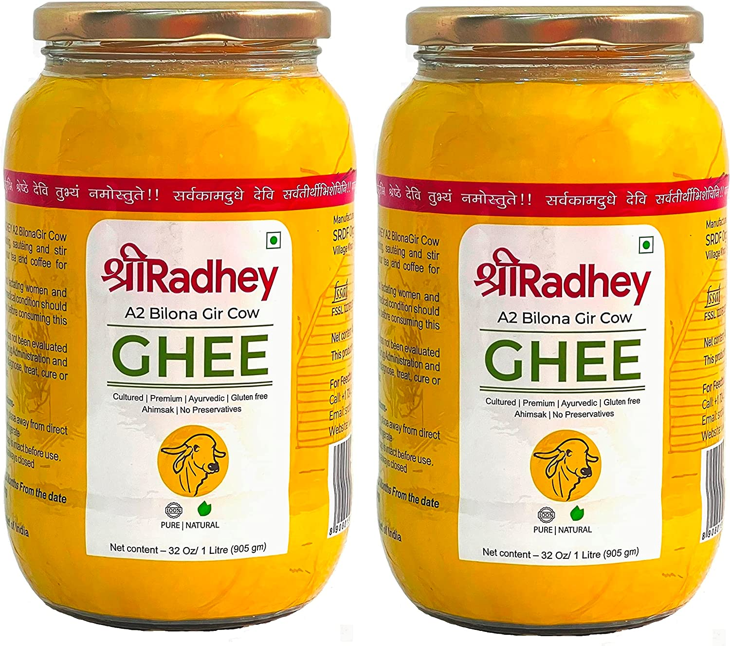 SHREERADHEY A2 Bilona Gir Cow Ghee | 1 Litre X 2 | Glass Bottle | Traditional Bilona Method | Lactose and Gluten Free | Keto Friendly image number 1