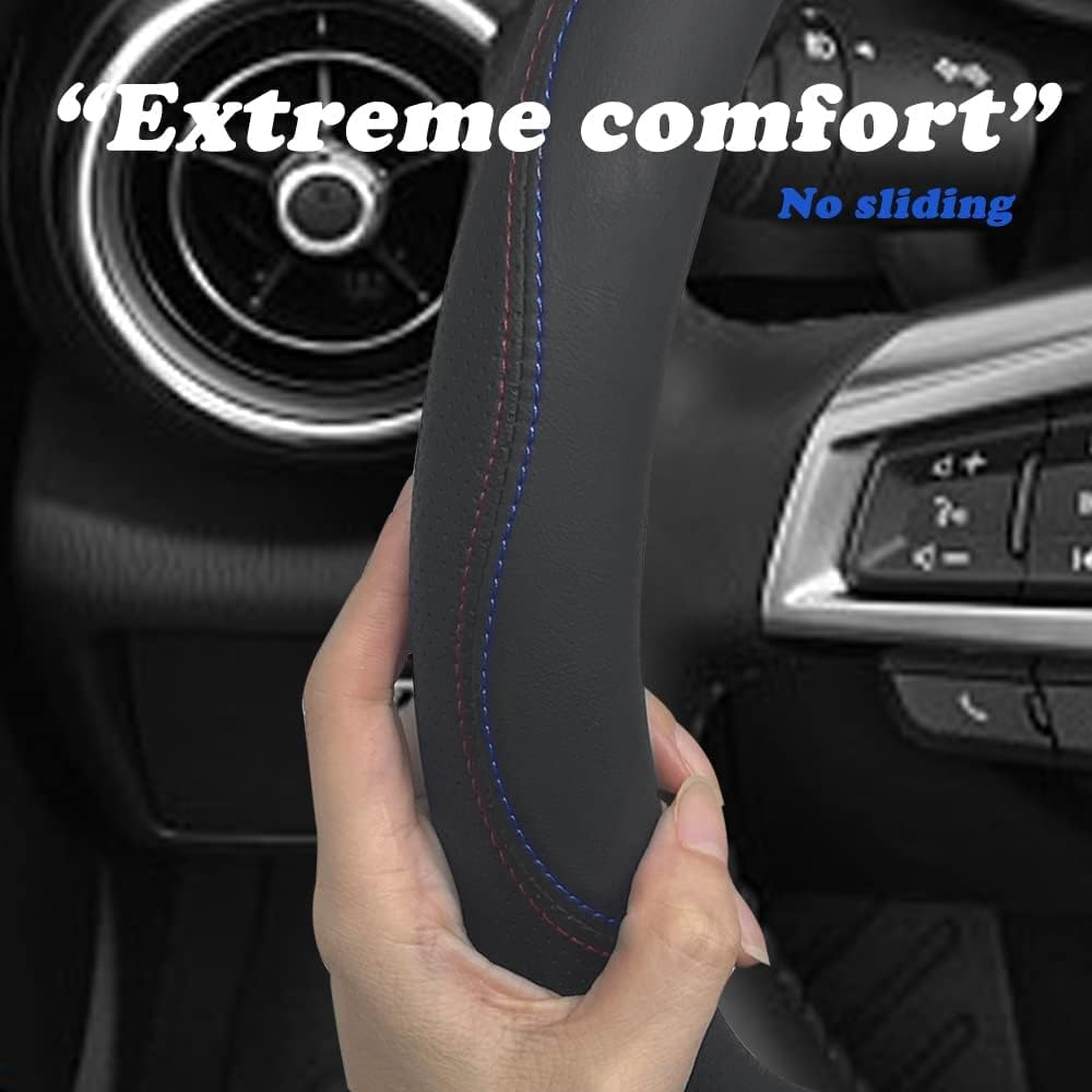 Steering Wheel Cover, Universal Premium Leather Steering Wheel Cover for Steering Wheel with a Diameter of 14.5"-15" with 2 Coasters and USB Fast Charging Cable (Style 1) image number 2
