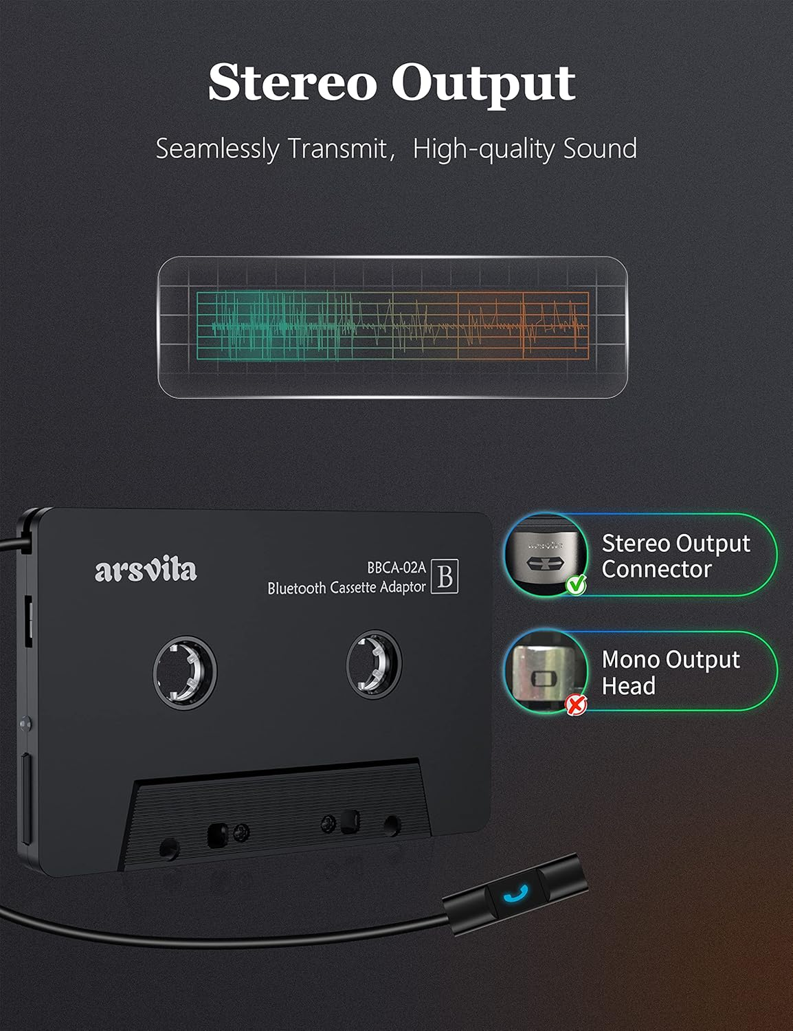 Arsvita Bluetooth 5.0 Cassette to Aux Adapter for Car, Tape Audio Adapter, Hands-Free Call, Charcoal Black image number 2