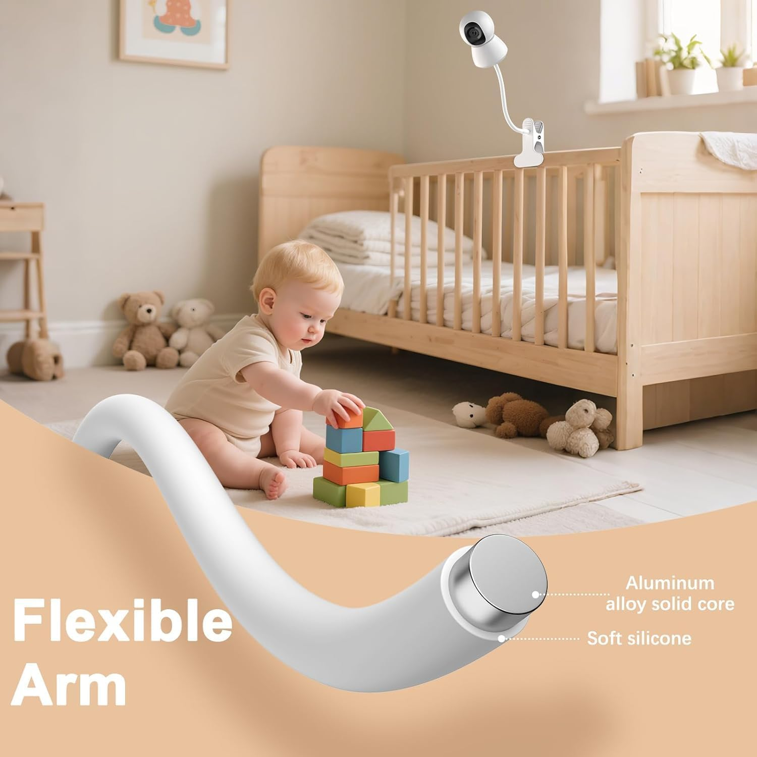 Baby Monitor Mount - Universal Adjustable Monitor Flex Stand for Hello Baby, Nanit Pro, Infant Optics, Vtech & Most Baby Monitors - Detachable Arm Camera Clip Mount with Cute Stickers for Crib image number 3