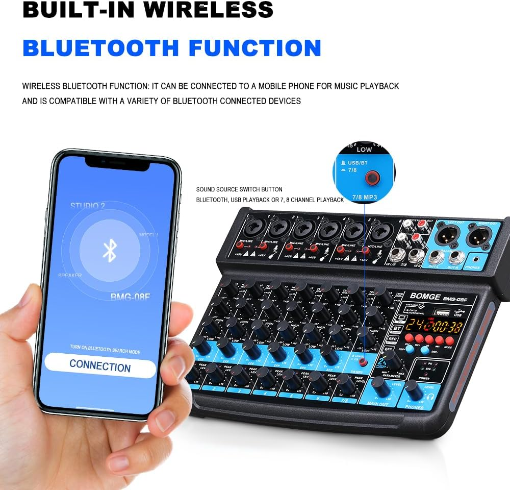 BOMGE 8 Channel Mini Audio Mixer Line Mixer, DC 5 V, with MP3 Player, Bluetooth, U Disk 48 V, 24DSP Effects, USB Recording Ideal for Small Clubs or Bars, Studio Recording (8 Channels-Black) image number 5