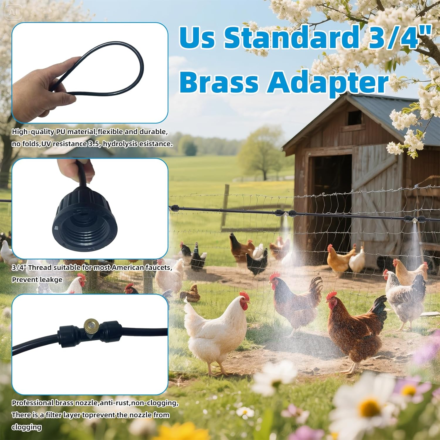 Chicken Coop Misting Cooling System,Misting Hose for Patio with 26FT Misting Line + 8Mist Nozzles +3/4" Adapter& T-Joints Perfect for Cooling Chicken Coops during Summer