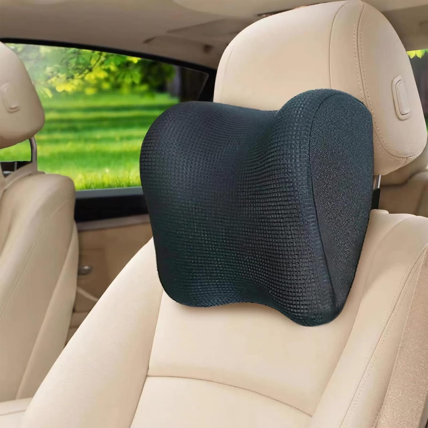SPRFUFLY U-Shaped Car Headrest Pillow for Sleeping, 100% Memory Foam Car Pillow with Breathable Removable Cover, Ergonomic Design - Ideal Car Companion for Naps & Neck Pain Relief (Black, 1PC)