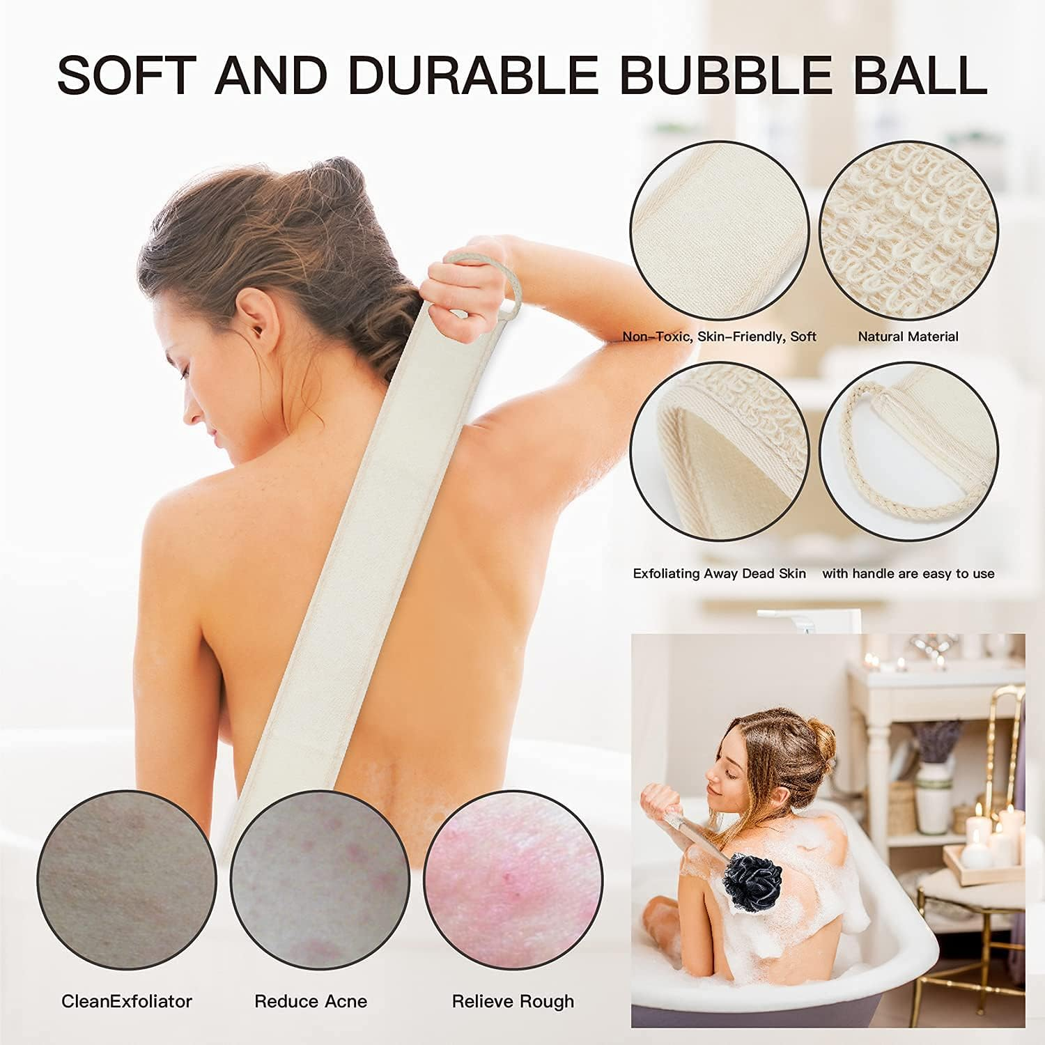 Back Scrubber with Bamboo Charcoal,Includes 1 Long Handled Shower Sponge,1 Loofah Back Scrubber, 1 Bath & Shower Luffa Pouf,1 Silicone Scalp Massager & 4 Hook.Deep Clean & Vitalize Your Skin.