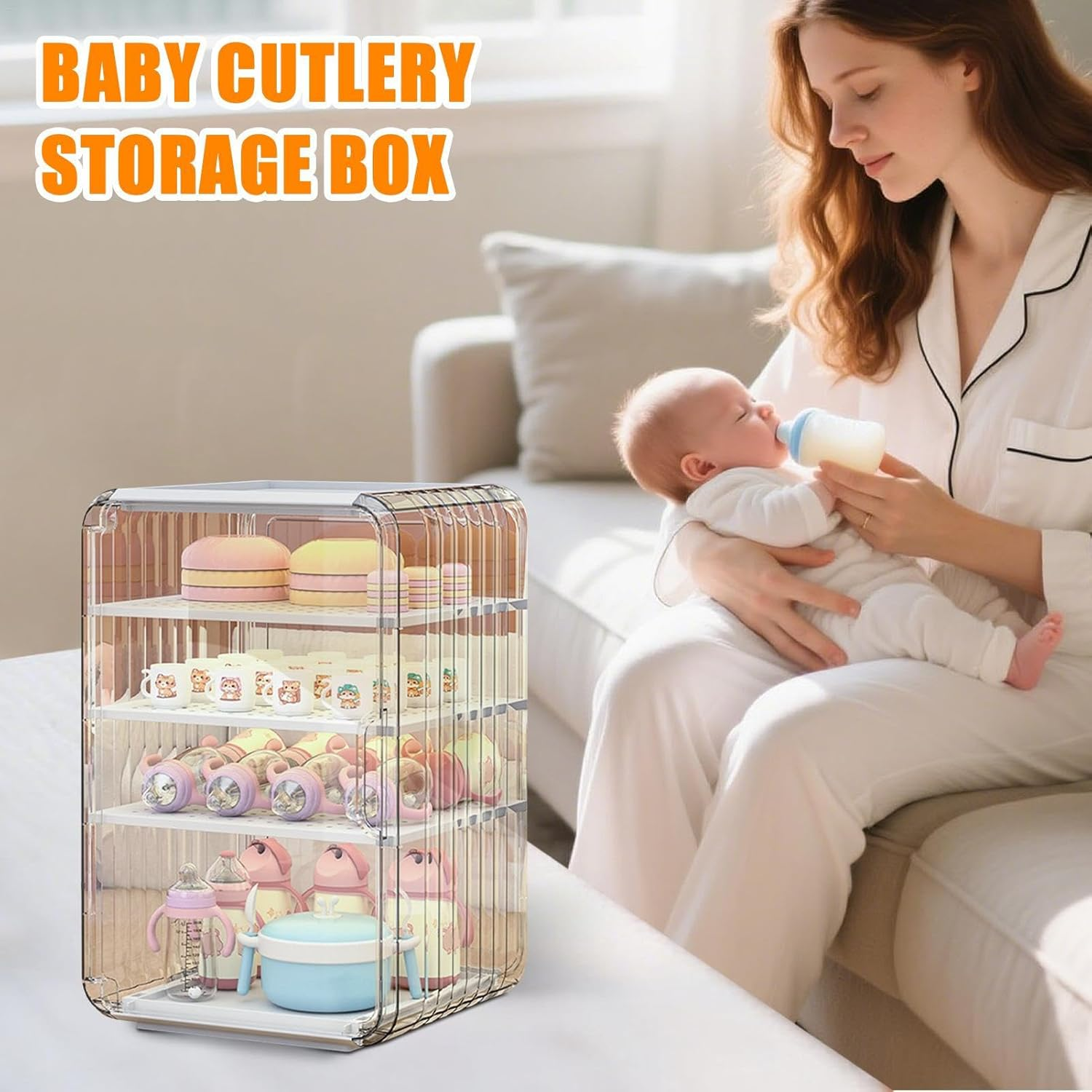 Baby Bottle Storage Organizer for Countertop Cabinet, 3/4 Layers Nursery Drying Rack Child Tableware, Baby Bottles Station Organizer Container, Space-Saving Dust Protection Clear Bottle Holder image number 4