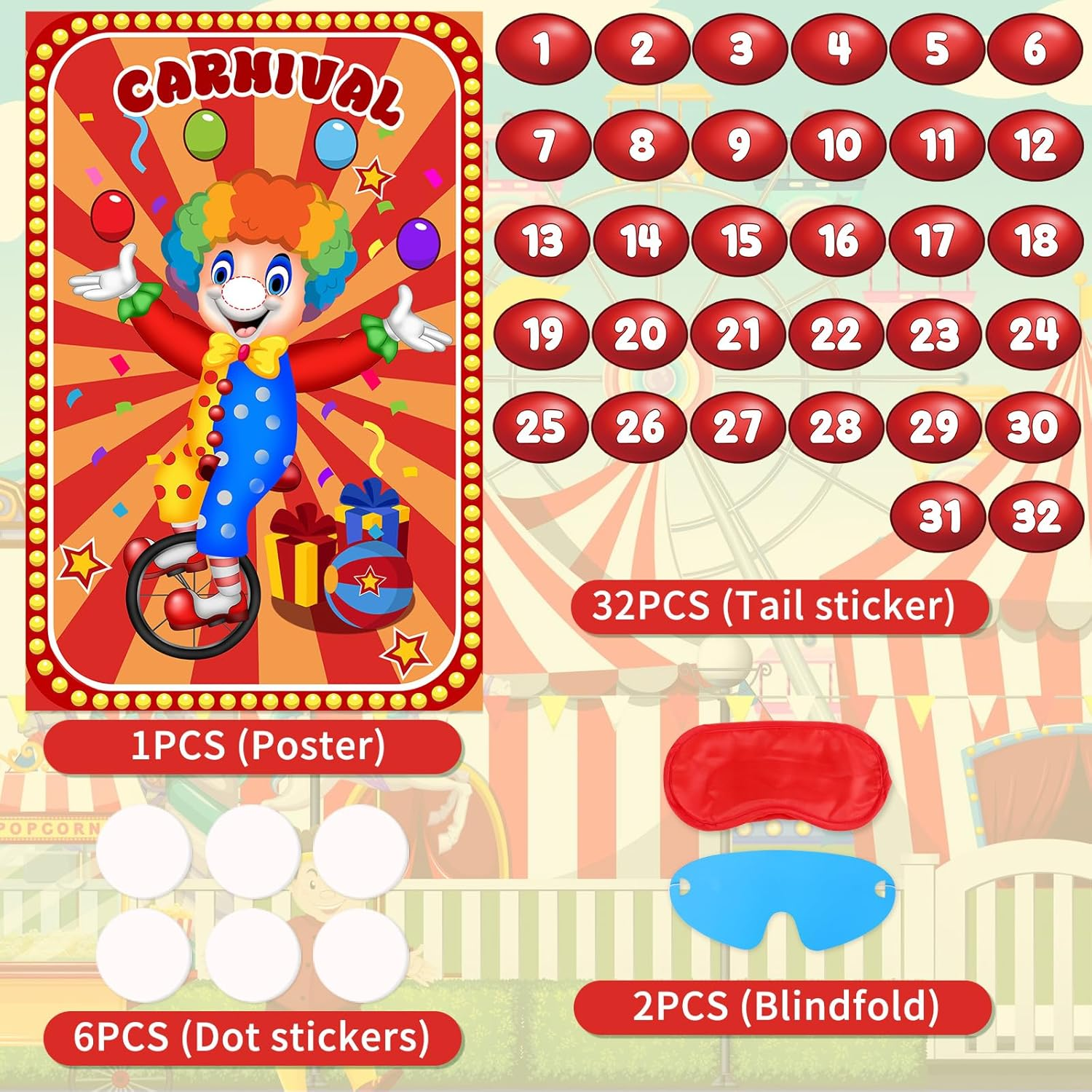 Hxezoc Pin the Noses on the Clown Carnival Game Set, Circus Theme Party Game for Kids, Includes 29X19 Inch Poster, Blindfold, 32 Nose Stickers & Adhesive
