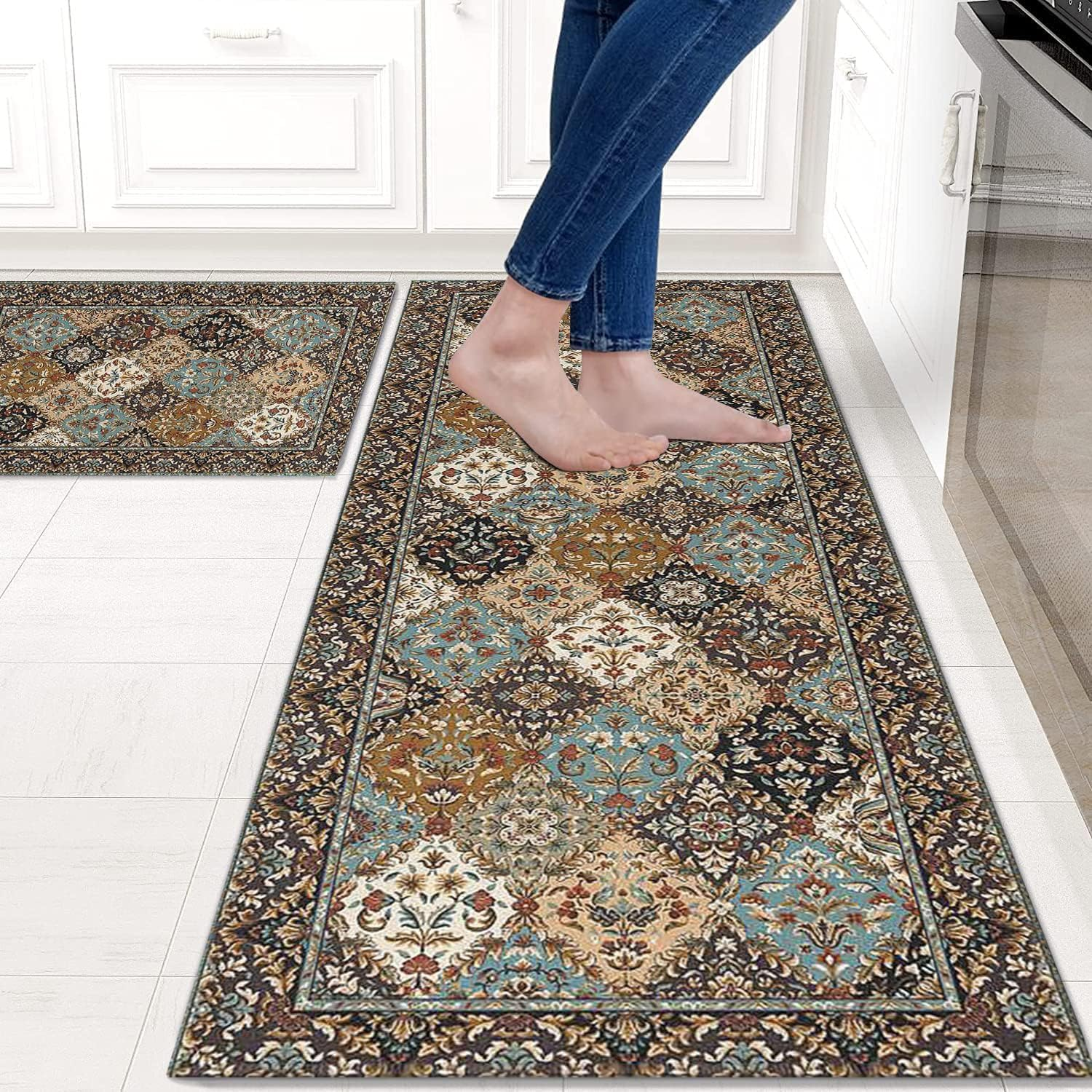 Kitchen Rug Mat, 2 Piece Country Rustic Kitchen Rugs, Boho Farmhouse Style Washable Non-Slip Kitchen Mats for Floor, Boho Kitchen Decor (Boho 2) image number 3