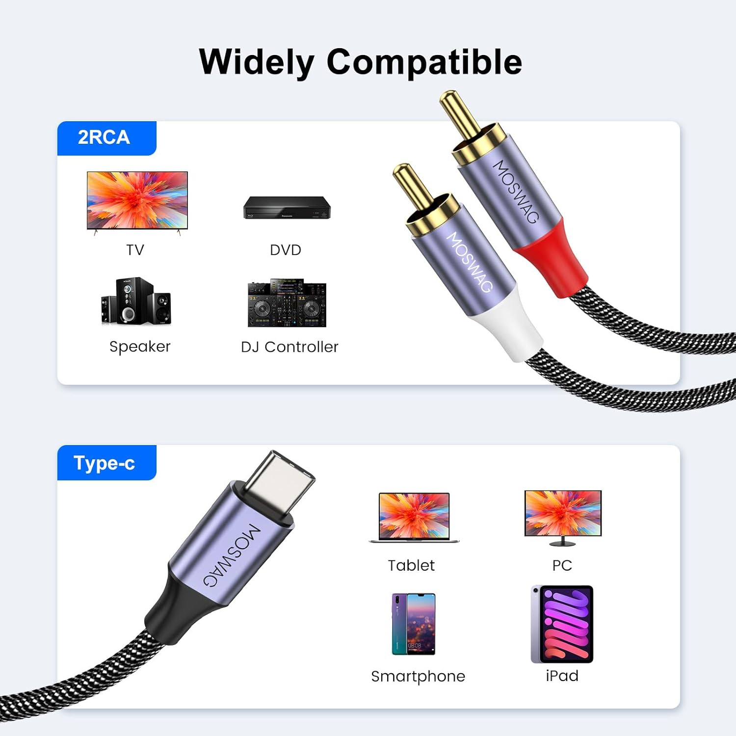 MOSWAG USB C to RCA Cable, Type C to 2RCA Male Y Splitter Compatible with LG Home Theater Amplifier DVD TV Speaker Hi-Fi Amplifer image number 1