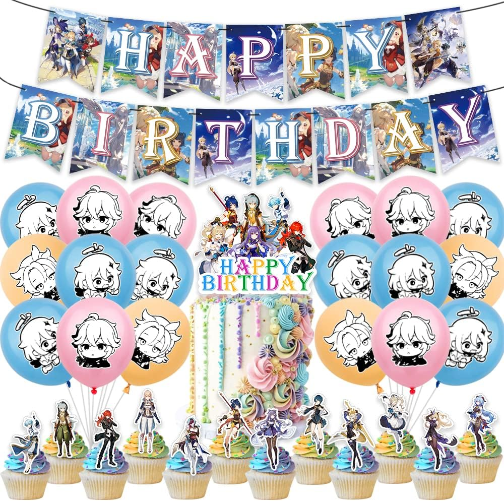 New Genshin Impact Anime Party Decoration，Theme Genshin Impact Birthday Party Supplies Includes Happy Birthday Banners, Balloon ,Cupcake Toppers Arrangement Scene Layout image number 2