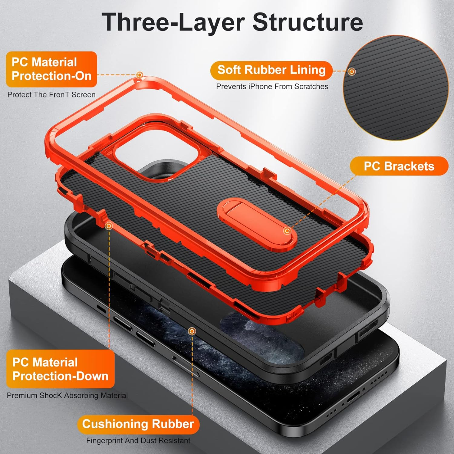 Shockproof Case for Iphone 11 Case with Kickstand,Military Grade Drop Protective,Heavy Duty Hard Back 3-Layer Protective Phone Cover for Iphone 11 (Black+Orange) image number 4