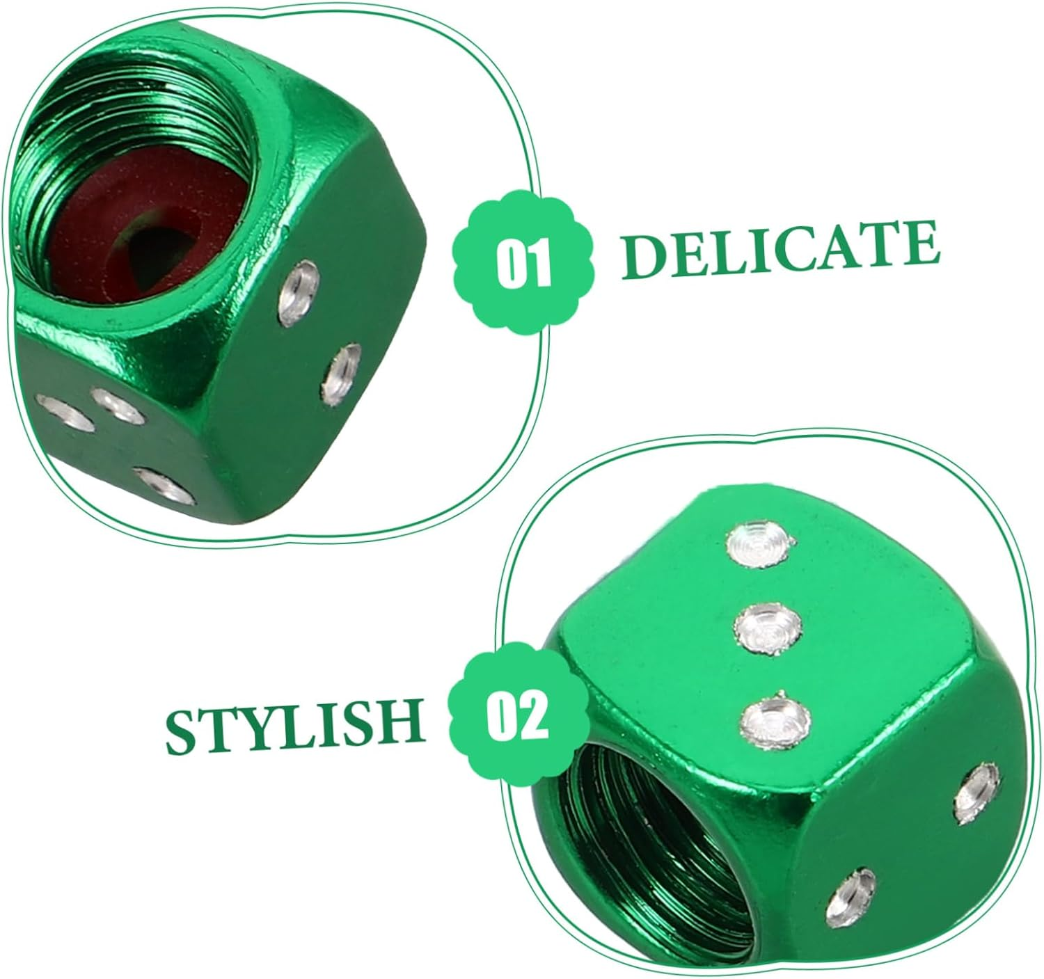 Vaguelly 4Pcs Creative Dice-Shaped Tire Valve Caps Aluminum Alloy Dice Valve Stem Cap Universal Car Accessory for Cars Trucks and Motorcycles image number 4