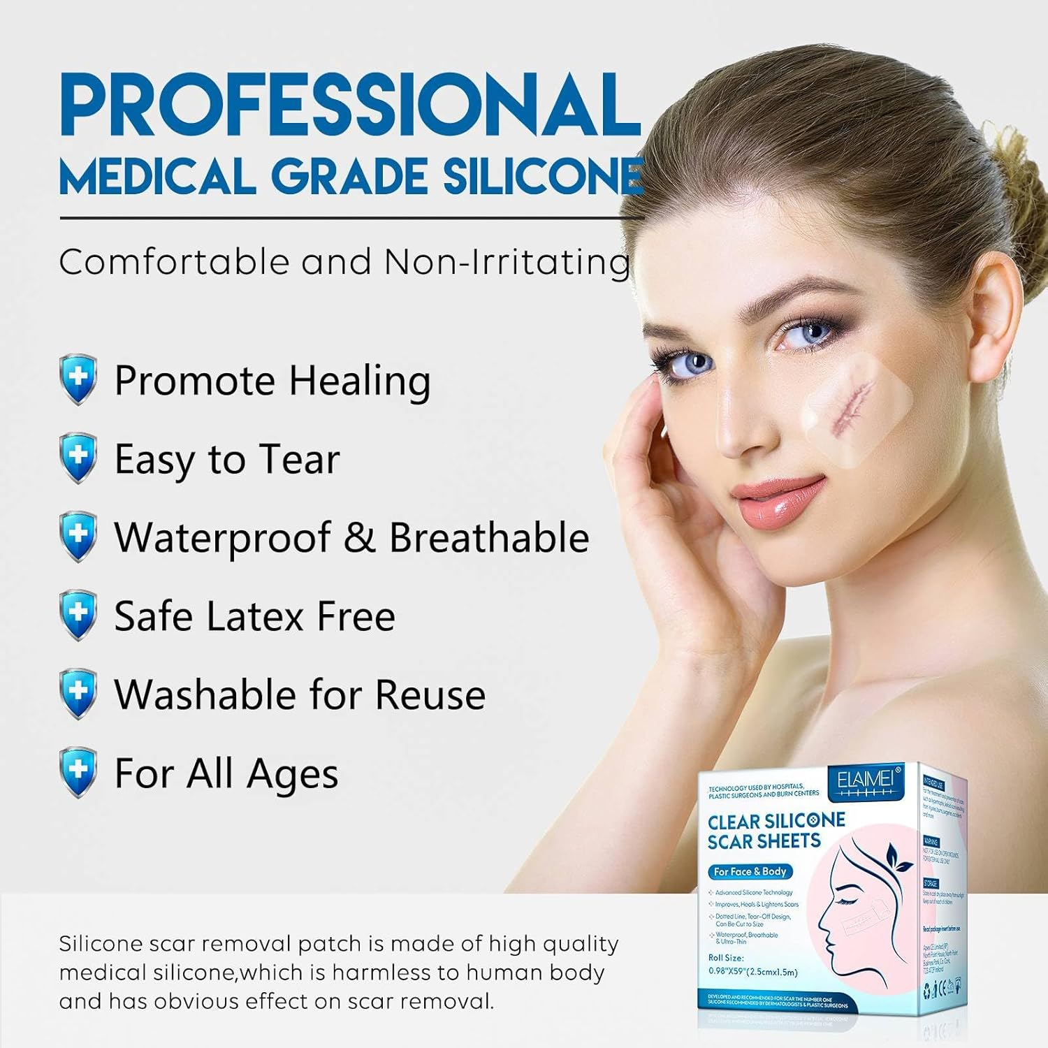 Silicone Scar Sheets, Professional Scar Tape(2.5 X 150Cm Roll-1.5M), Reusable Scar Removal Sheets, Soft Easy-Tear Silicone Scar Tape for for C-Section, Surgery, Burn, Keloid, Acne Etc. image number 4