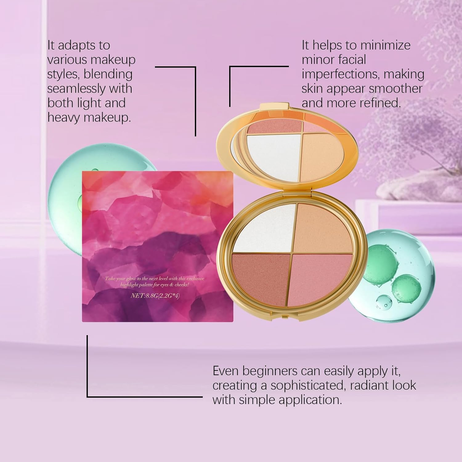 Highlighting Eye&Cheek Palette - Eyeshadow and Highlighter Makeup, 4-In-1 Highlight Shades Makeup for Blush, Silky Smooth and Easy-Blending, Natural Glow Contour Powder, for Cheeks and Eyes (2Pcs) - 4Pcs image number 6