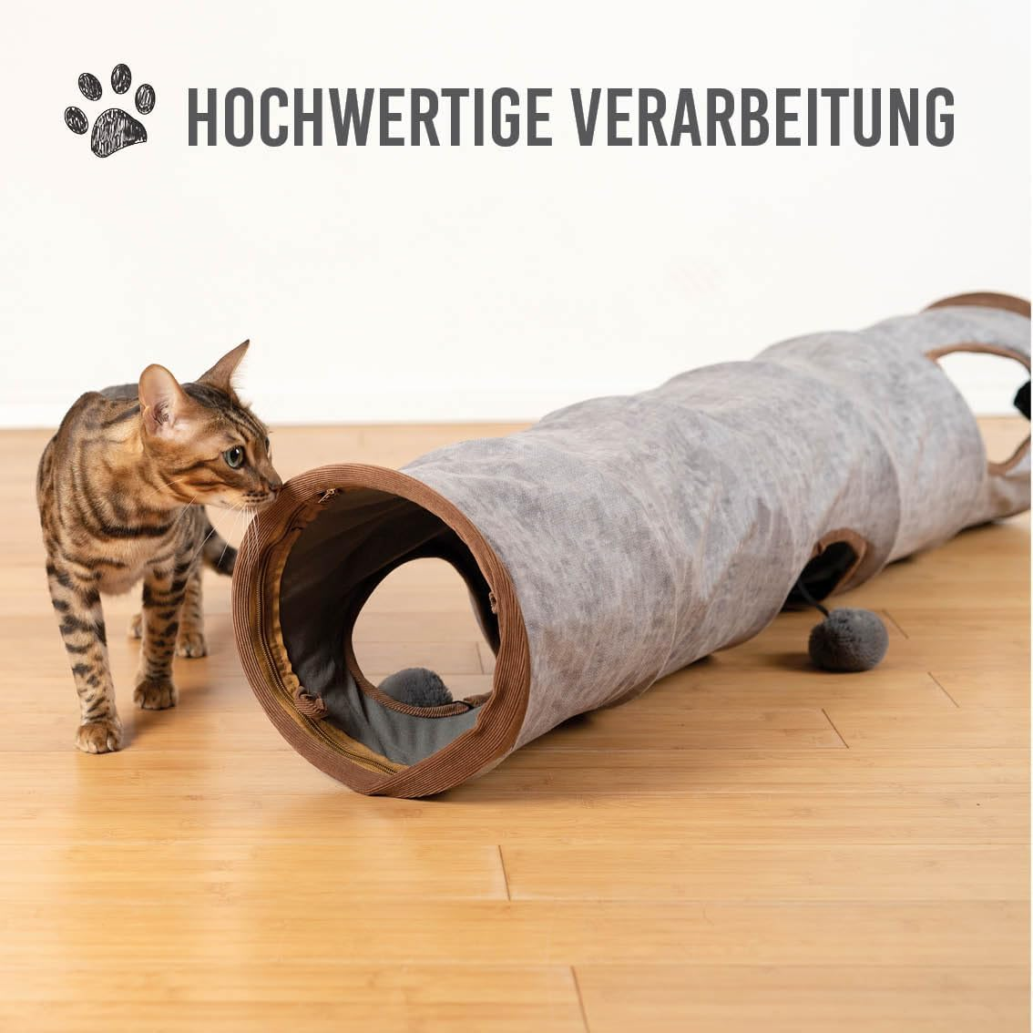 Karaluna Premium Cat Tunnel 120 X 24 Cm I 3 Peep-Holes & Play Balls I Cat Play Tunnel Foldable Cat Toy Cat Tunnel Rustling Tunnel Cave Roll Cat Tunnel Cat Grey Rabbit XXL