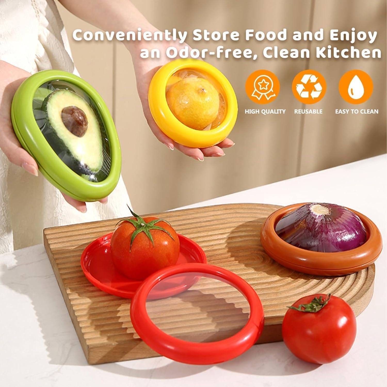 4 Pcs Vegetable and Fruit Storage Containers for Fridge, Refrigerator Vegetable Crisper Makes Food Stays Fresh Longer, BPA Free & Reusable, Ideal Avocado Lemon Tomato and Onion Keeper/Saver/Holder image number 5