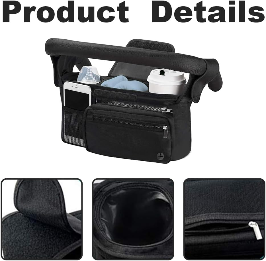 Stroller Storage Bag, Detachable Pram Pouch, Waterproof Hanging Bag, Universal Stroller Organizer with Hooking for Diapers, Bottles, Phone (Black)