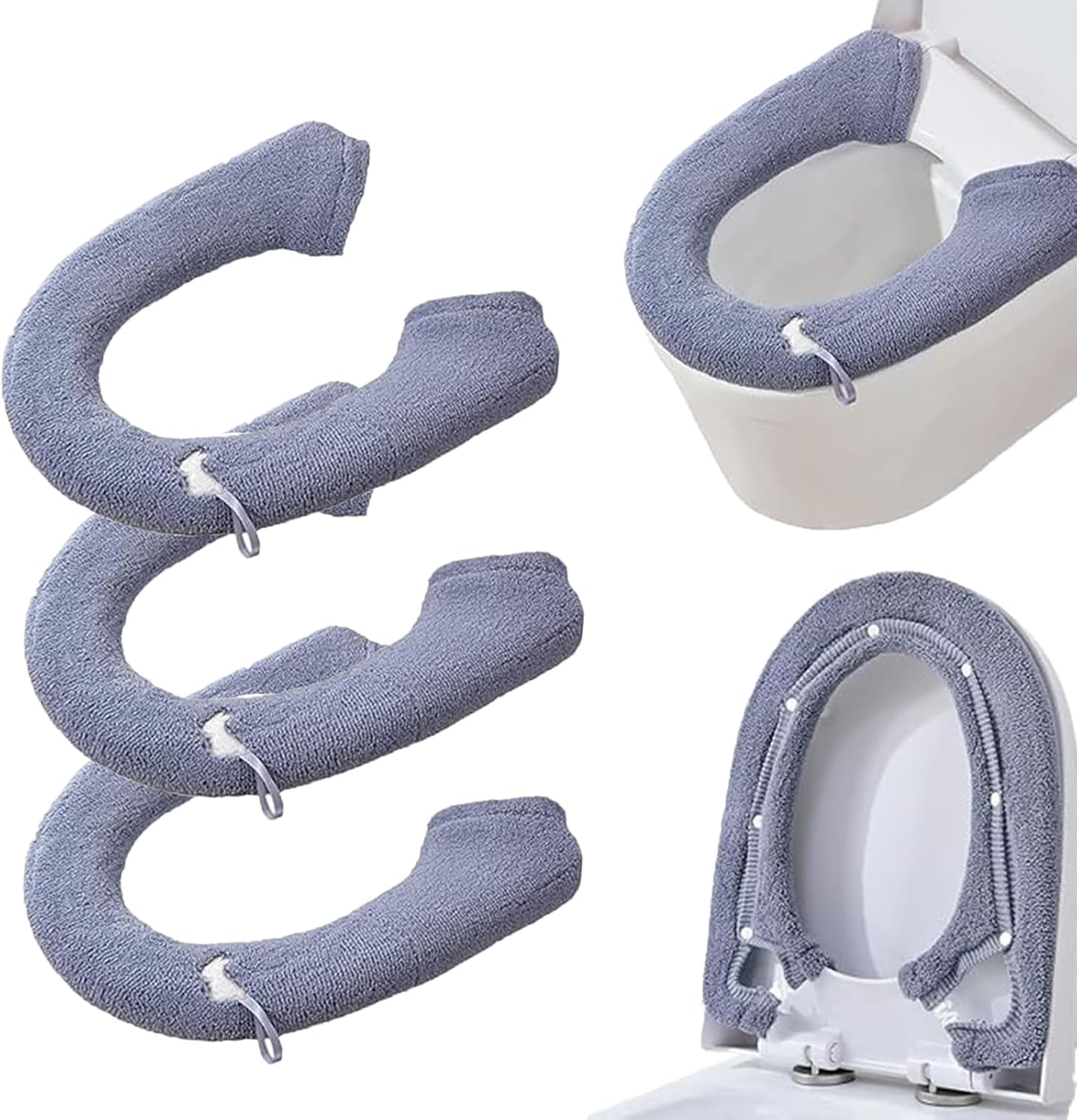 Toilet Seat Covers-3 Pieces Warmer Toilet Seat Cover with Snap-Button Fastening,Stretchable Fits for All Shape Toilet Seats,Easy Installation Washable and Reusable image number 3