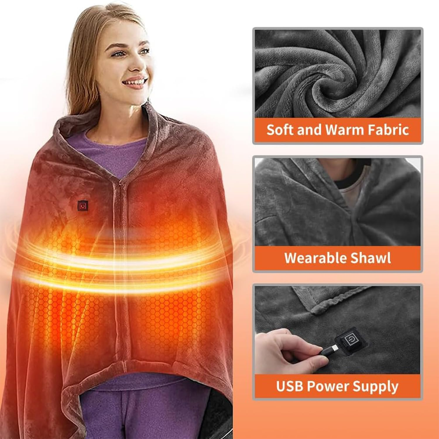 Quintin Portable USB Heated Blanket Shawl - Wearable Cordless Electric Heated Blanket for Outdoors 3 Heating Levels, USB Operated Camping Heated Blanket (Grey) image number 1