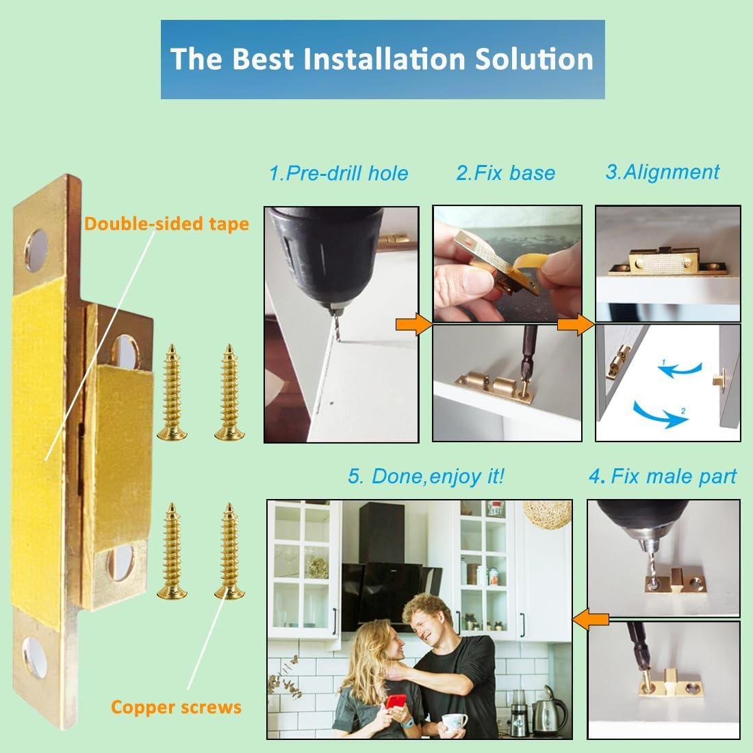 Waketek Cabinet Brass Clasp Buckles with Screws, These Door Catchs'Re Double Ball Tension Roller Latch for Various Cabinet Doors (Solid Copper, Adjustable and Durable) (Brass Catch A(40MM)) image number 6