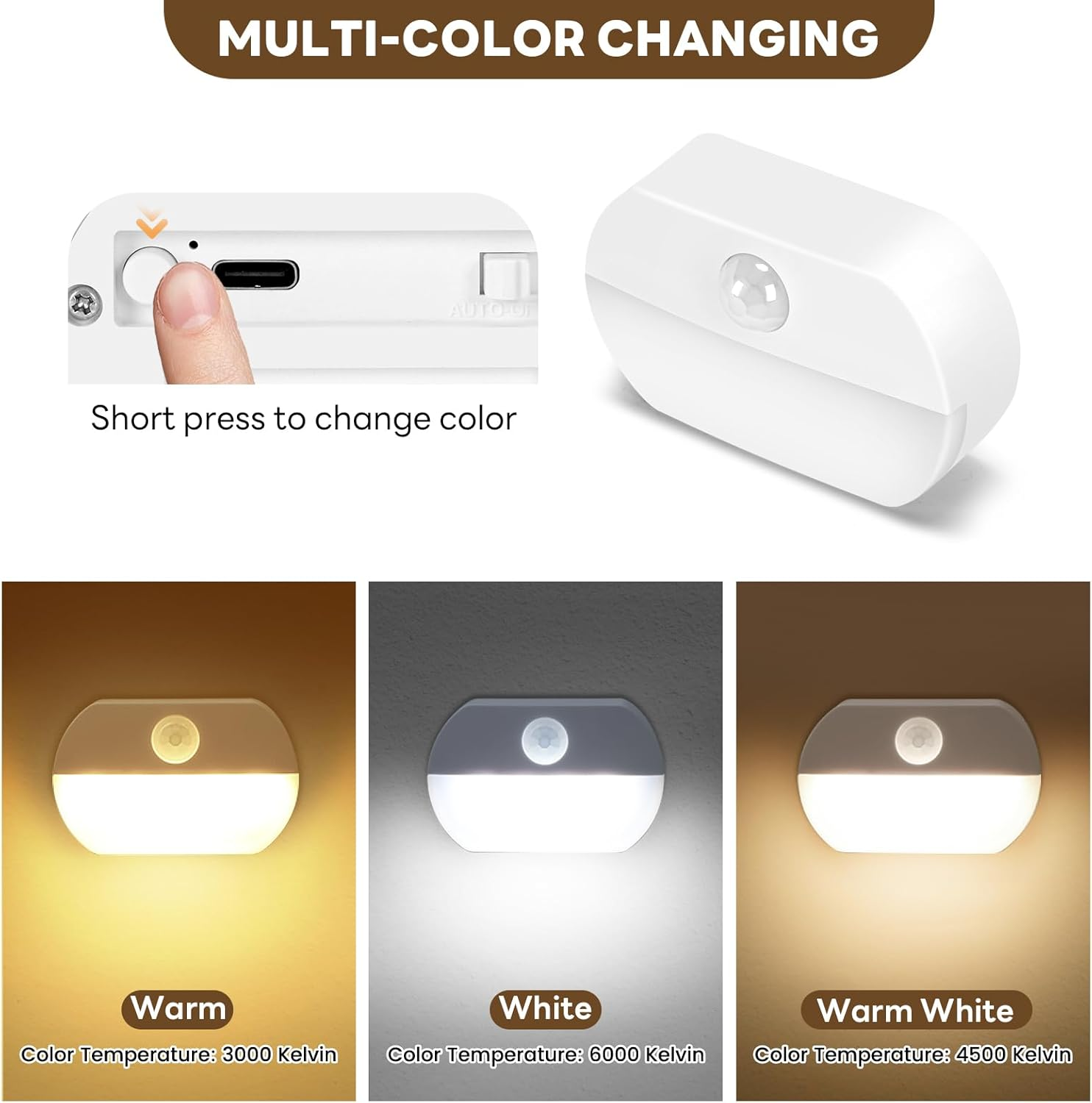 Rechargeable Motion Sensor Night Light Indoor Built-In 700Mah Battery Operated Portable Dimmable Color-Changing LED Wall Nightlight Lamps for Stairs Bedroom Hallway Bathroom Garage(3 Pack) image number 3