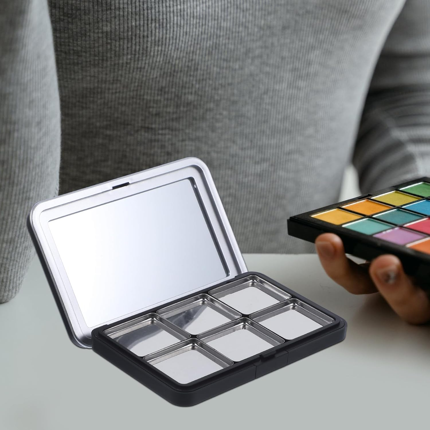 GAROZATION 2 Sets Magnetic Empty Eyeshadow Palette with 6-Pan Tray, Matte Black Cosmetic Storage Box for Eyeshadow, Blush, and Highlighter &ndash; Refillable Makeup Organizer for Travel and Daily image number 5