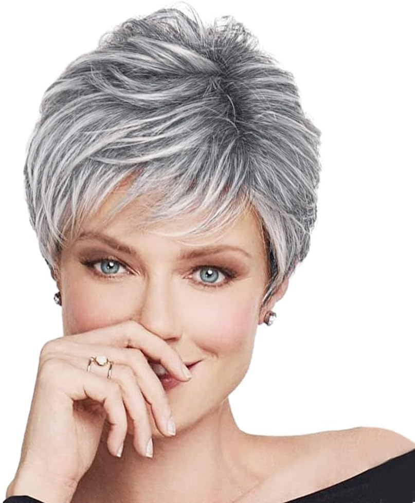 BECUS Grey Short Wig Ombre Gray Pixie Cut Short Wigs for Women with Dark Root Synthetic Natural Hair Wig image number 6