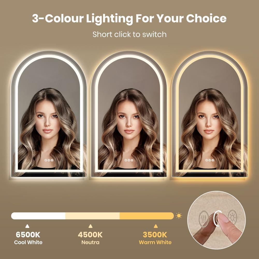 Simplus LED Bathroom Vanity Mirror Arch Mirrors Wall Light Vanity Shower Bathroom Make up Mirrors with anti Fog Smart Touch Switch Backlit and Front Light, 60X100Cm image number 5