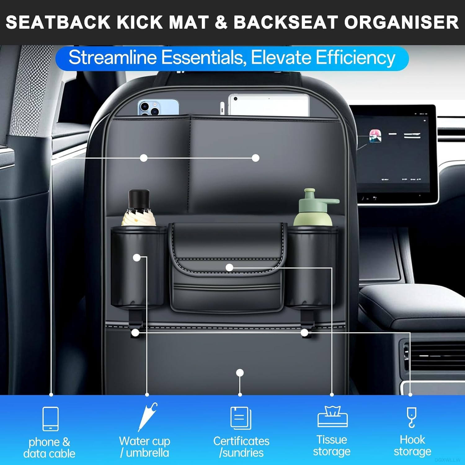 Car Seat Protector for Child Kids, Auto Seatback Kick Mat & Backseat Organiser, Universal Waterproof Anti-Fouling Nappa Leather Upholstery Protection Accessories for SUV, Sedan, Truck (Black)