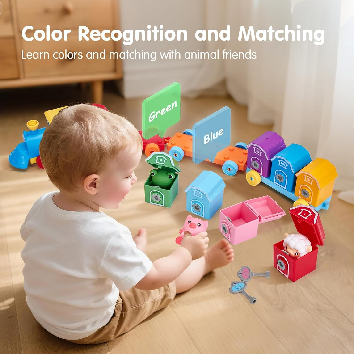 Toddler Train Set - Farm Animals, Barns, Keys, Montessori Counting & Sorting Toys