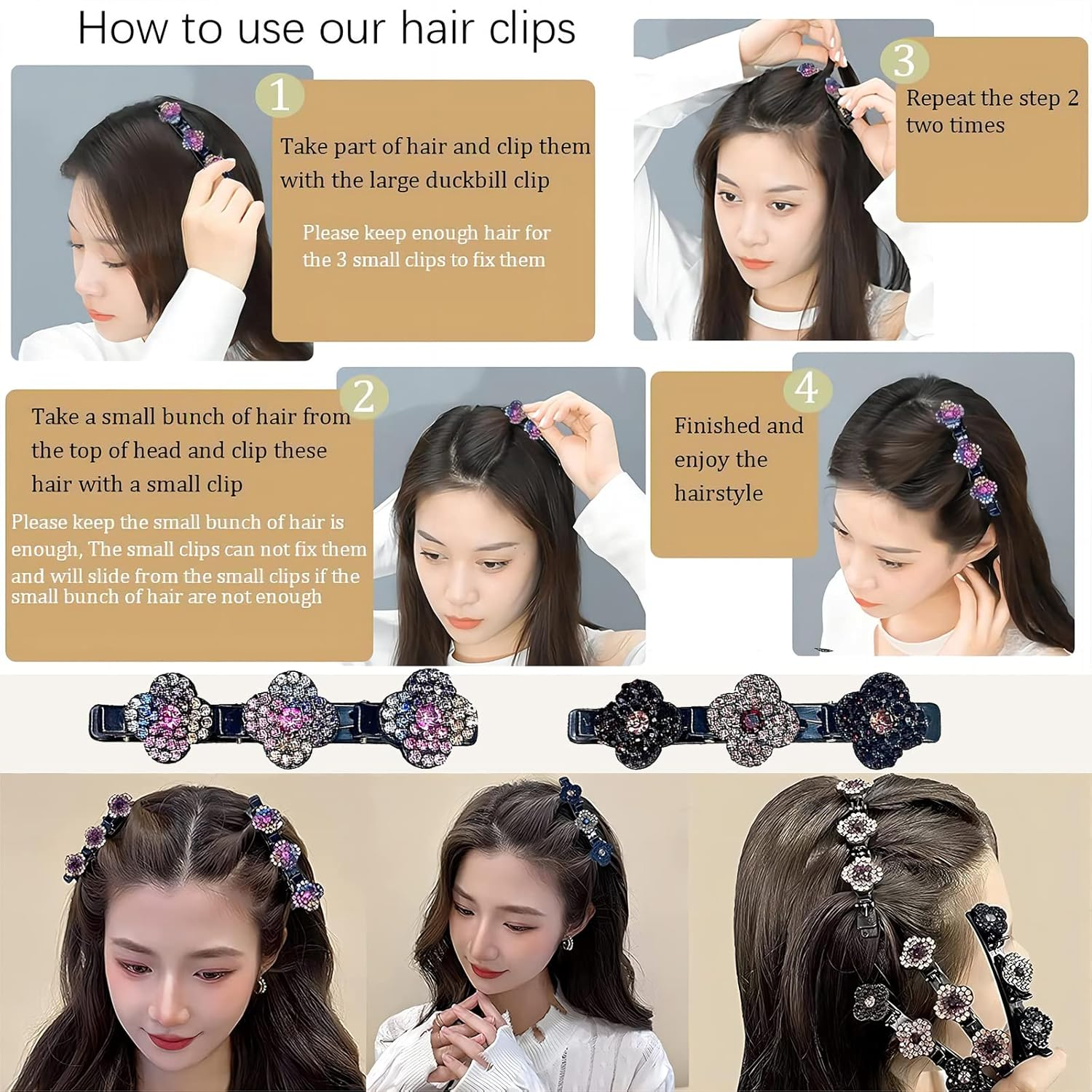 PAITOK Three Flower Side Hair Clips for Girls and Women, 8 Pieces Braided Hair Clips Hair Styling Accessories Double Layer Hair Clips image number 3