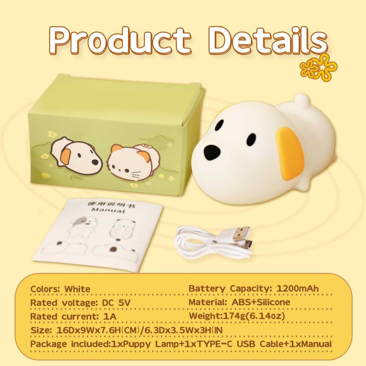LED Kids Puppy Night Light, Touch Control Cute Colorful Soft Silicone Portable Bedroom Lamp, Brightness Adjustable, Non-Flickering Eye-Caring Warm Light, Type-C USB Rechargeable, Timing Function image number 6