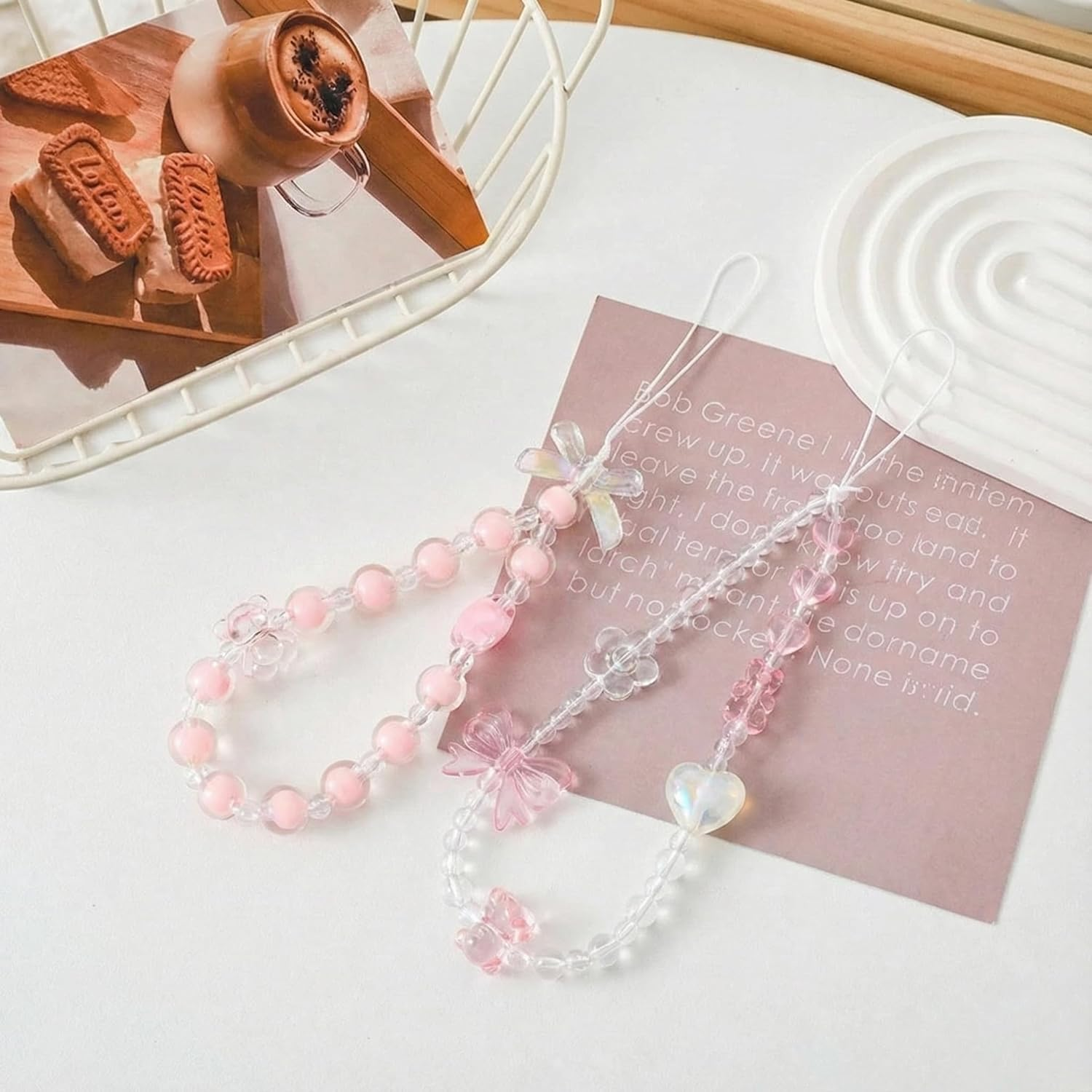 IMTKOOCO 2 PCS Aesthetic Phone Charm - Crystal and Pearl Beaded Phone Strap with Wrist Strap for Women and Girls Cute Keychain and Bag Accessory Phones Wrist Strap image number 1