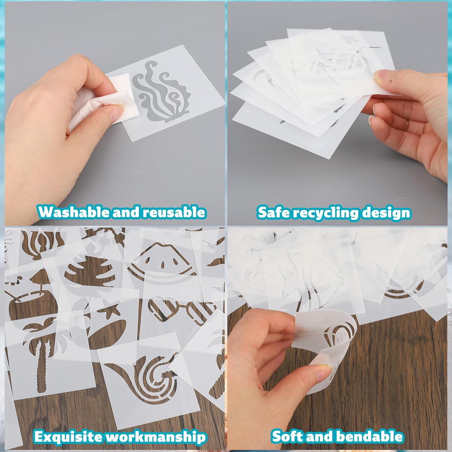 70Pcs Ocean Stencils for Painting, 3X3In Plastic Sea Life and Beach Stencils Ocean Creatures Palm Tree Patterns for Wood Canvas Rocks & DIY Crafts image number 5